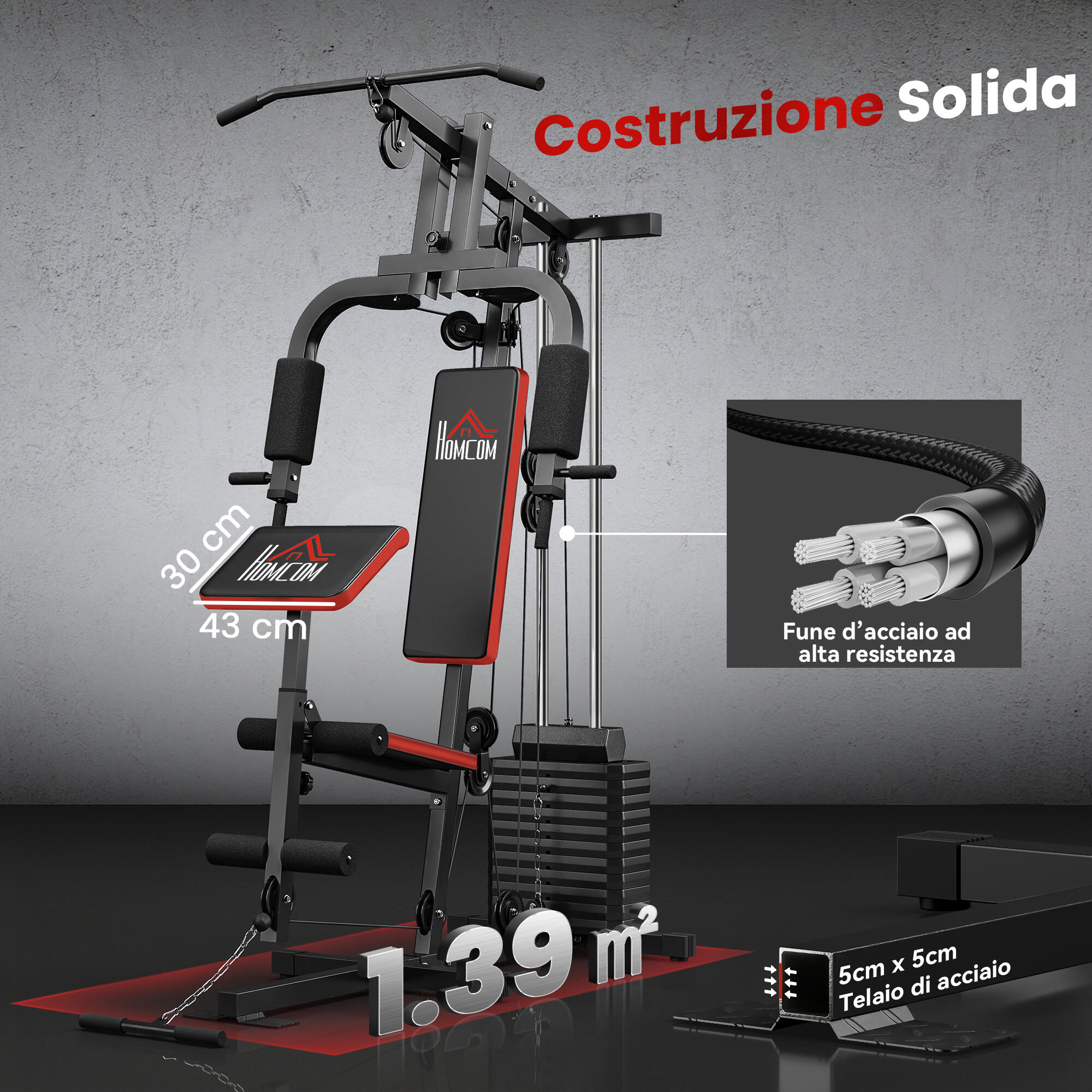 HOMCOM Power Tower Multifunzione con Pesi, 135x103x210cm, Nero e Rosso 6/8