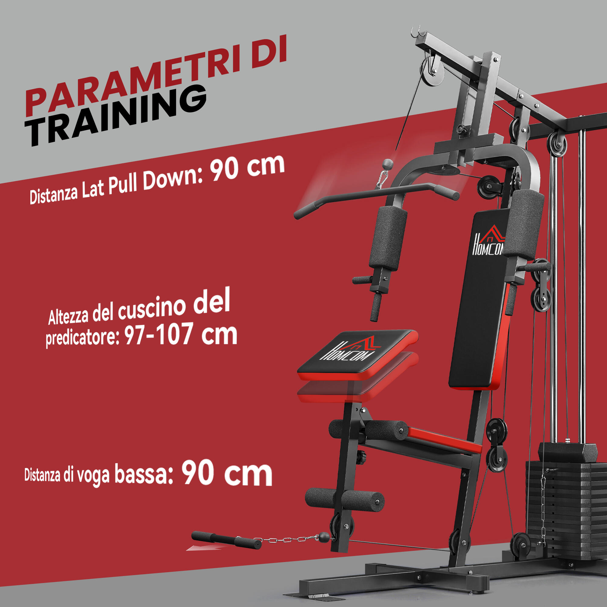HOMCOM Power Tower Multifunzione con Pesi, 135x103x210cm, Nero e Rosso 7/8