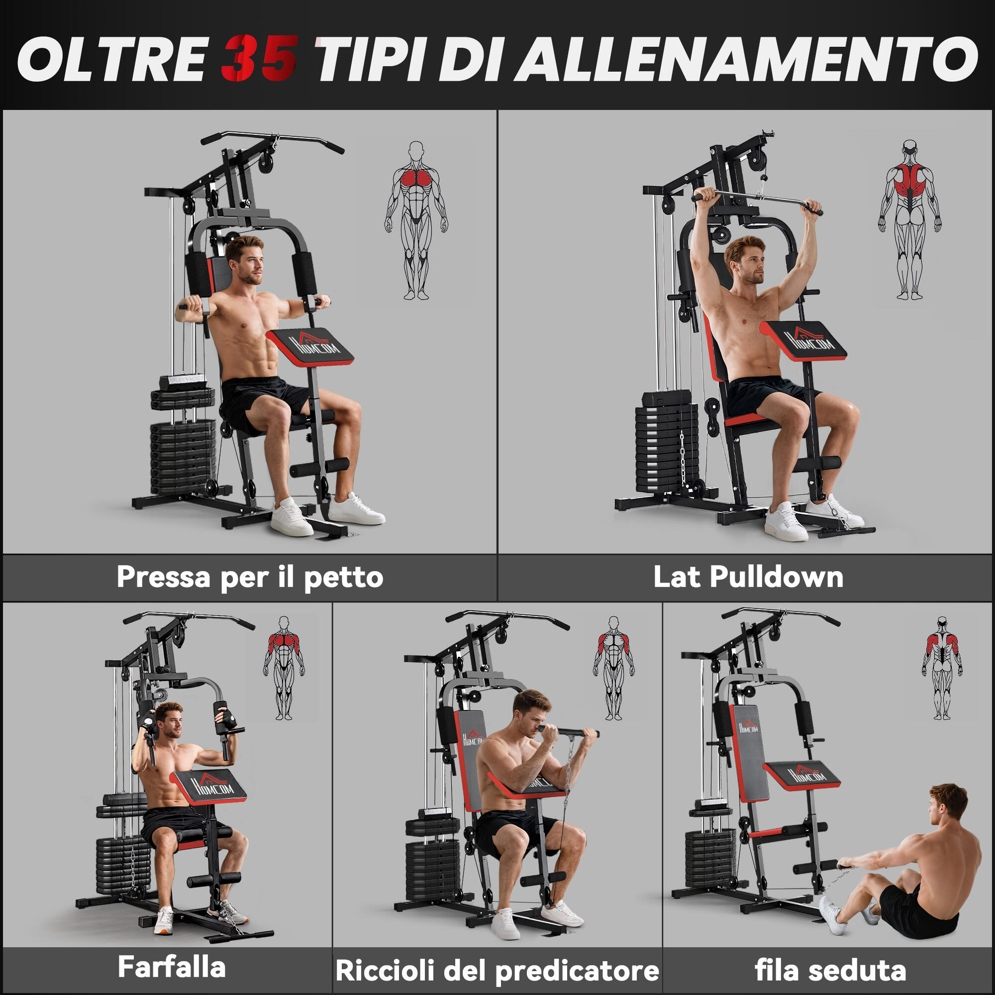 HOMCOM Power Tower Multifunzione con Pesi, 135x103x210cm, Nero e Rosso 4/8