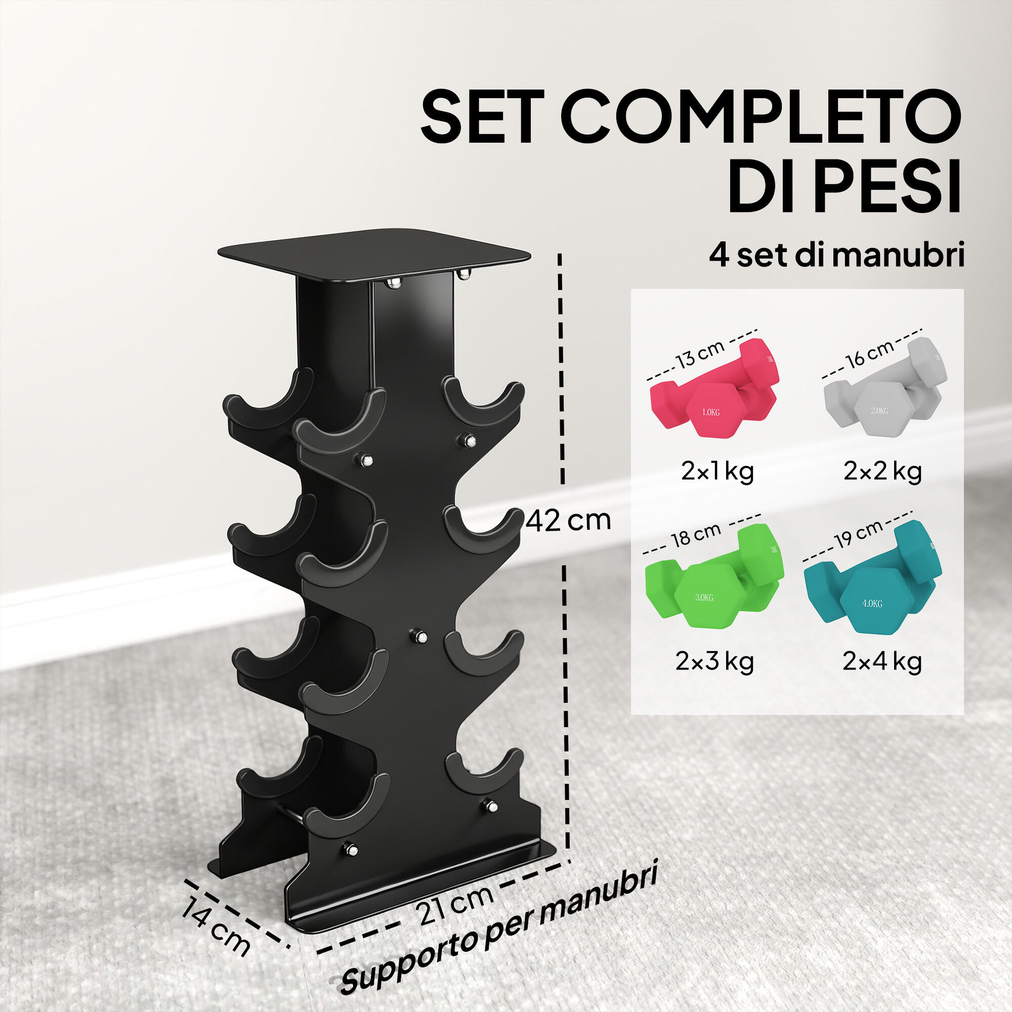 SPORTNOW Set di Manubri Esagonali con Supporto, 1-4kg, Nero 4/8