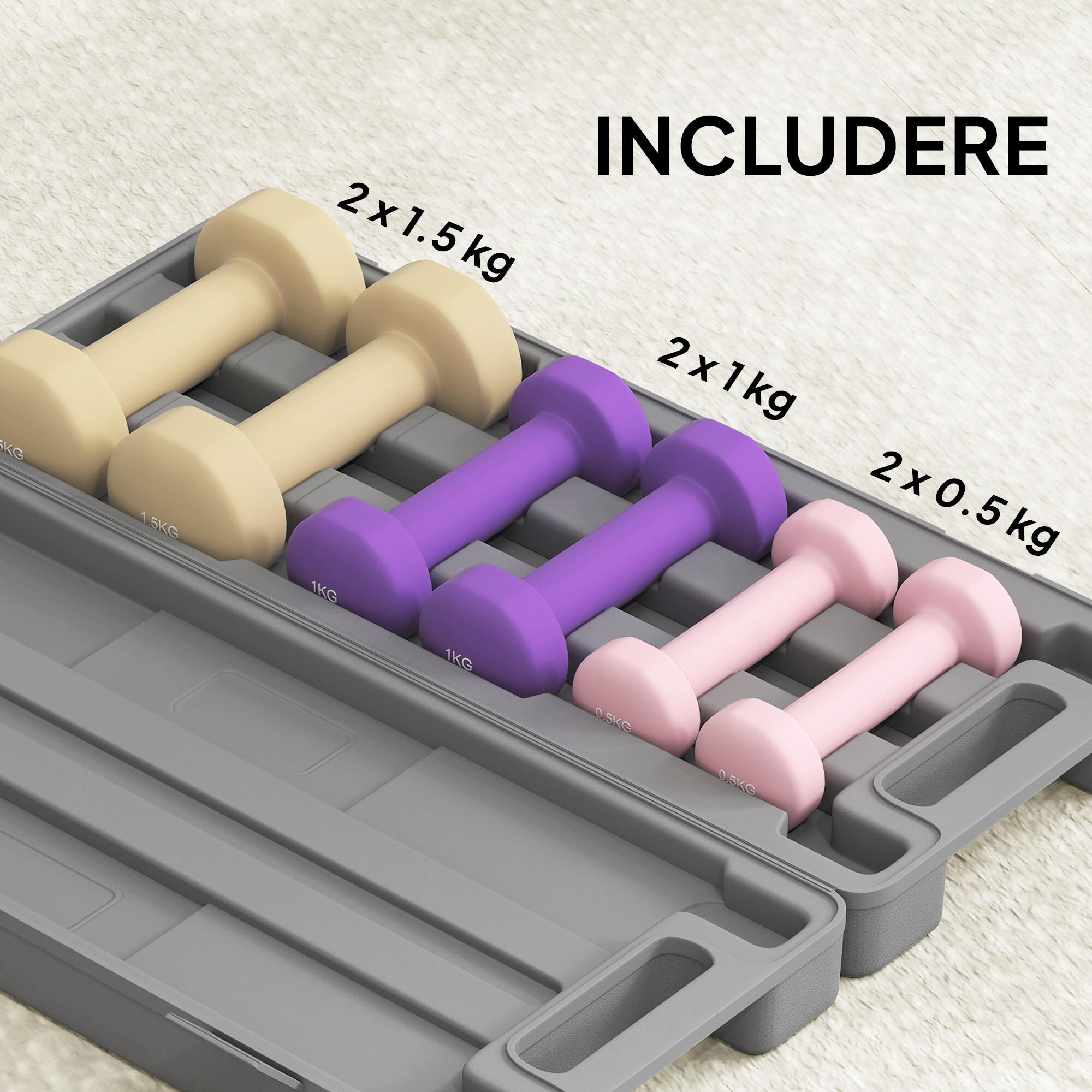 HOMCOM Set 6 Manubri Pesi con Valigetta da 0.5kg 1kg 1.5kg in Acciaio e PU 5/7
