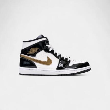 Jordan 1 Mid Patent Black White Gold