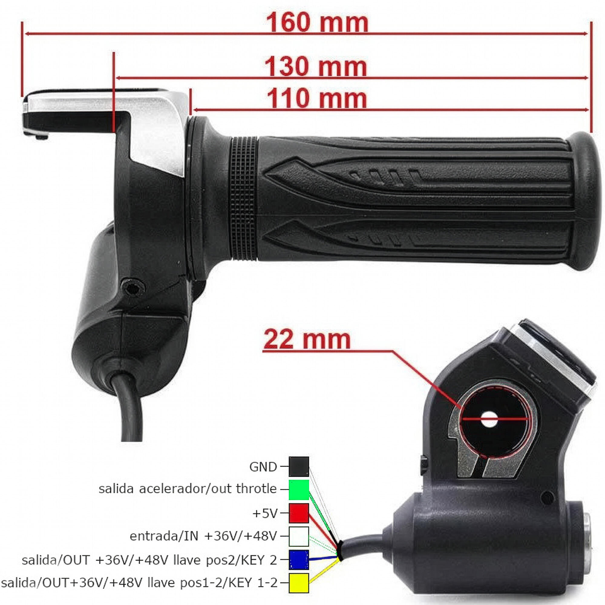 Acelerador de puño con indicador de batería (48V) y llave - Conector SM 2/5