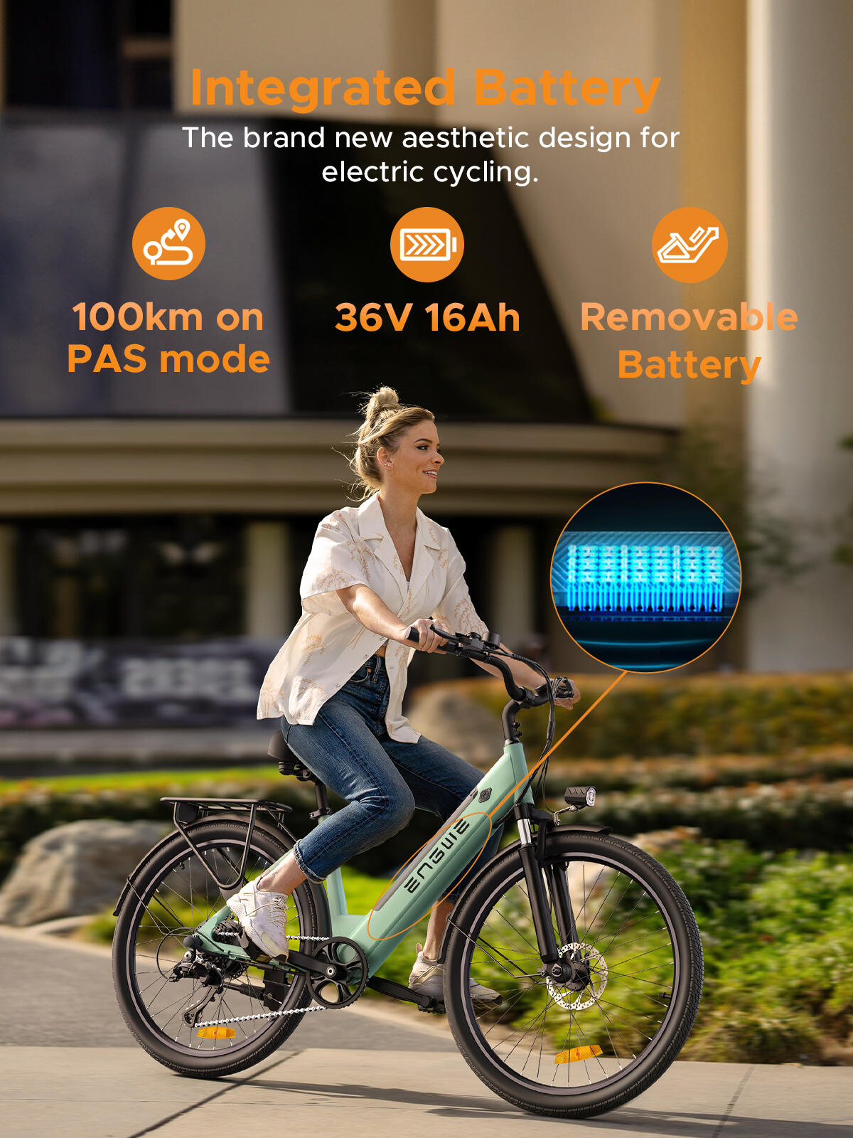 Bicicleta eléctrica urbana, batería de 36 V y 13 Ah, autonomía de 100 km. 4/7