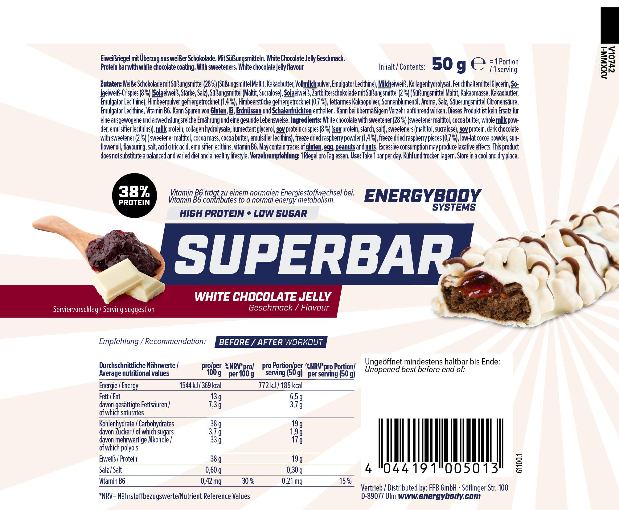 Superbar White Chocolate Jelly, Proteinriegel, 37 % Eiweiß, 24 x 50 g 5/5