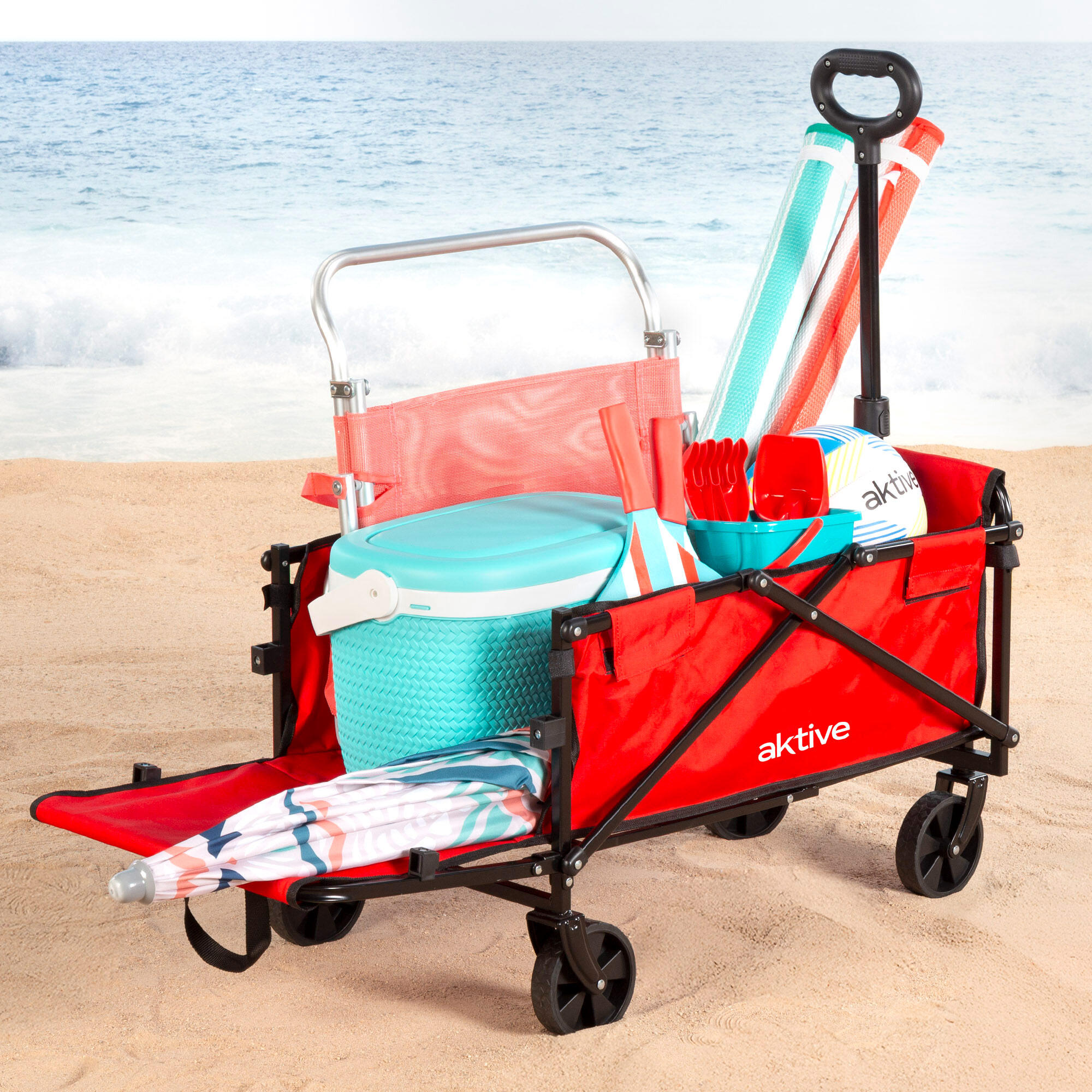 Chariot de plage pliable en acier et Oxford 4 roues et poignée réglable 3/7