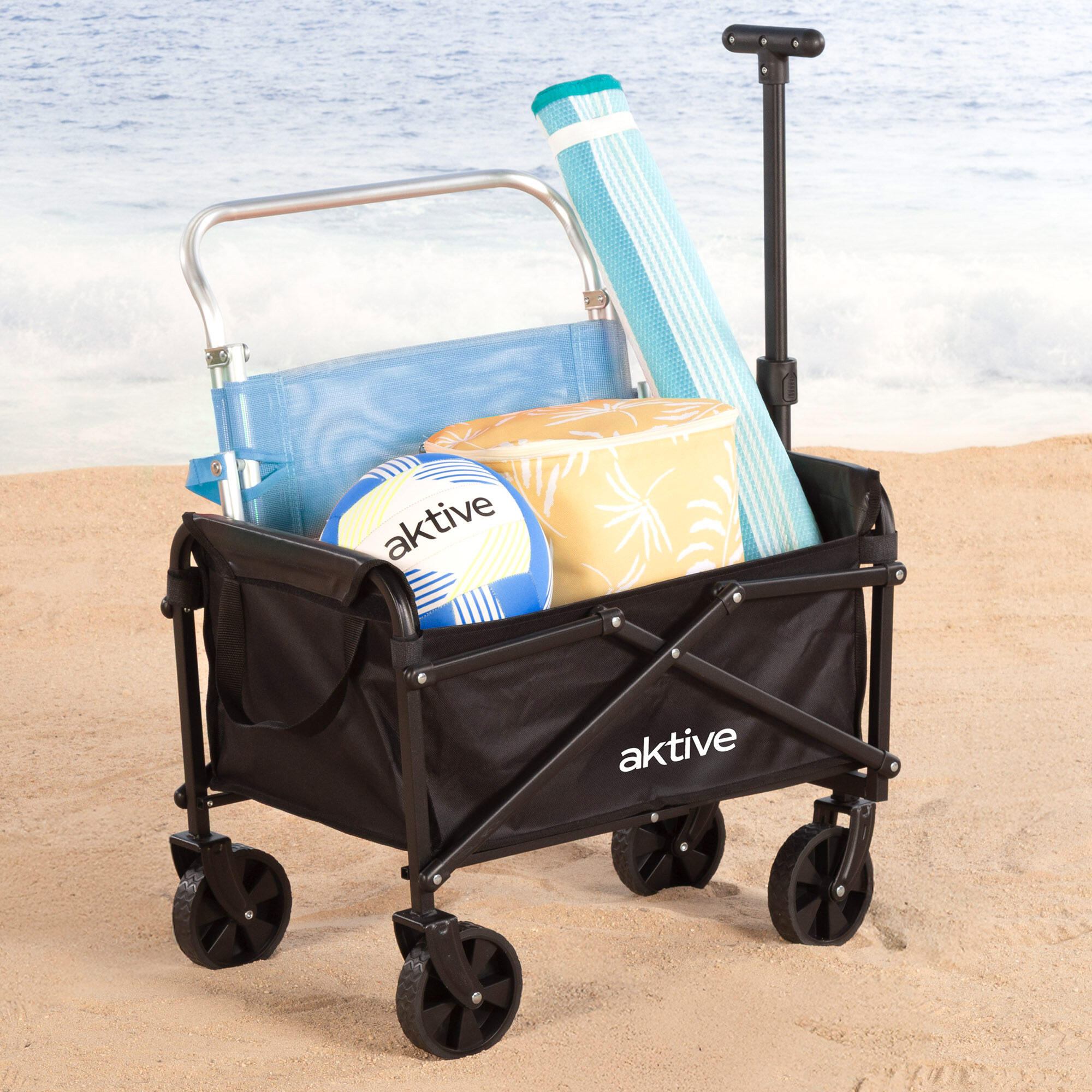 Carro de playa plegable de acero y Oxford 4 ruedas y asa ajustable 3/7