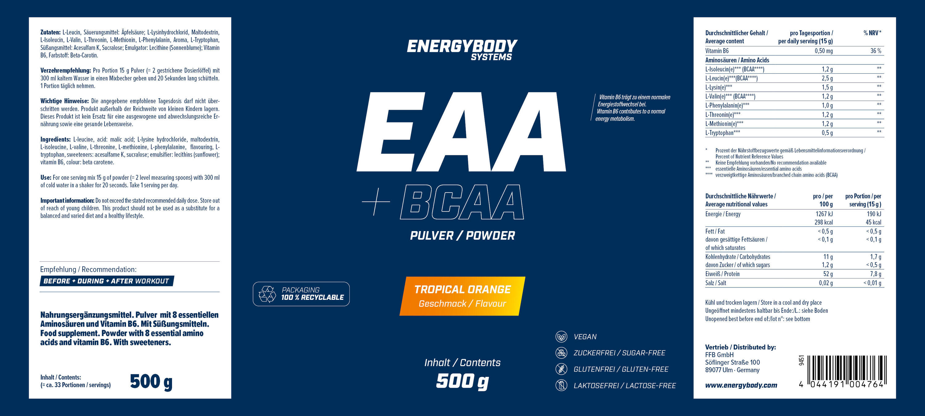 Energybody Systems EAA + BCAA Drink (500g) Tropical Orange 4/4