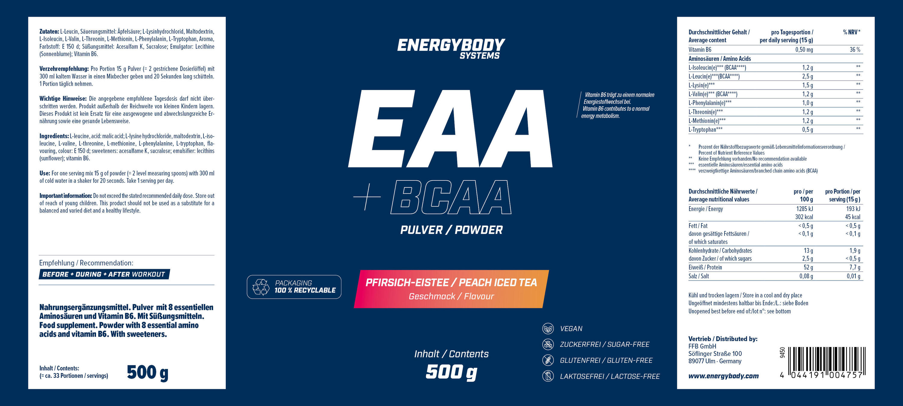 Energybody Systems EAA + BCAA Drink (500g) Pfirsich-Eistee 4/4