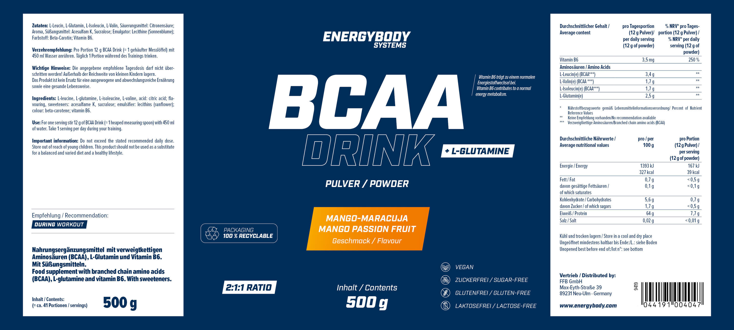 Energybody Systems BCAA Drink (500g) Mango-Maracuja 4/4