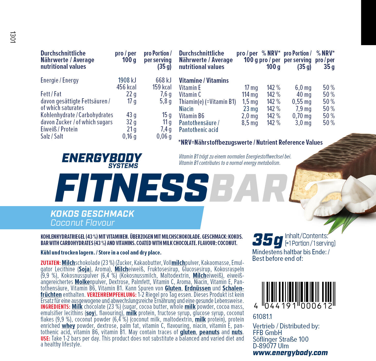 Fitness Bar Kokos, Energieriegel, Kohlenhydrate, Eiweiß & Vitamine, 24 x 35 g 6/6