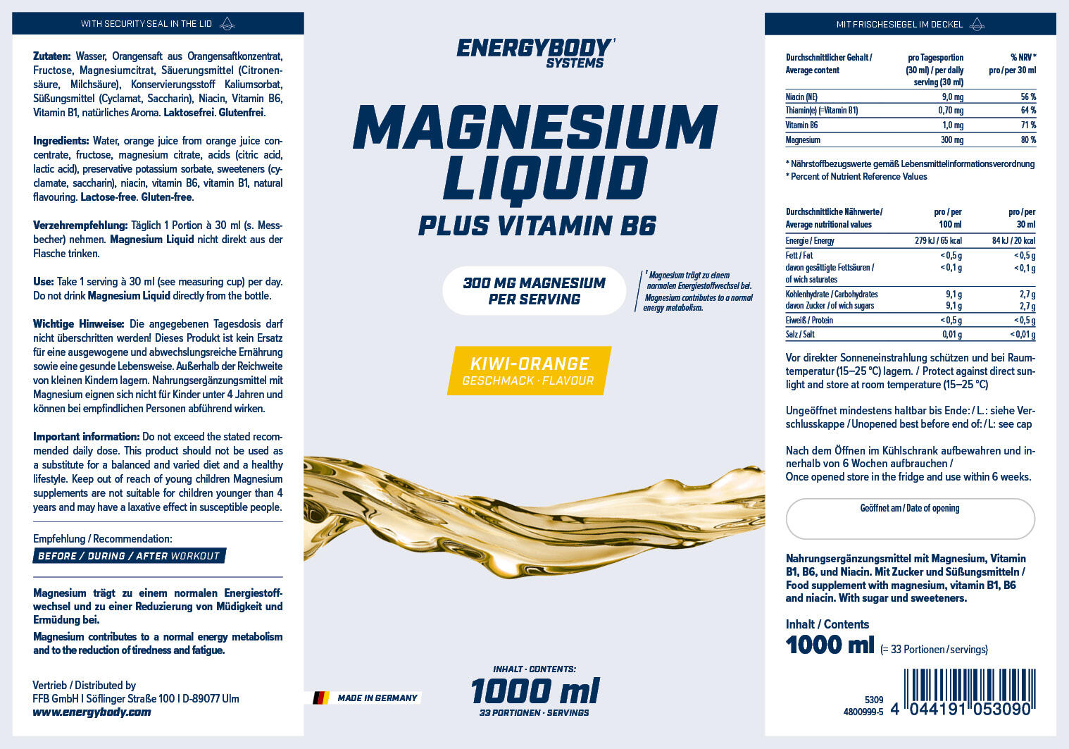 Magnesium Liquid Plus Vitamin B6, Kiwi-Orange, 1 Liter 2/2
