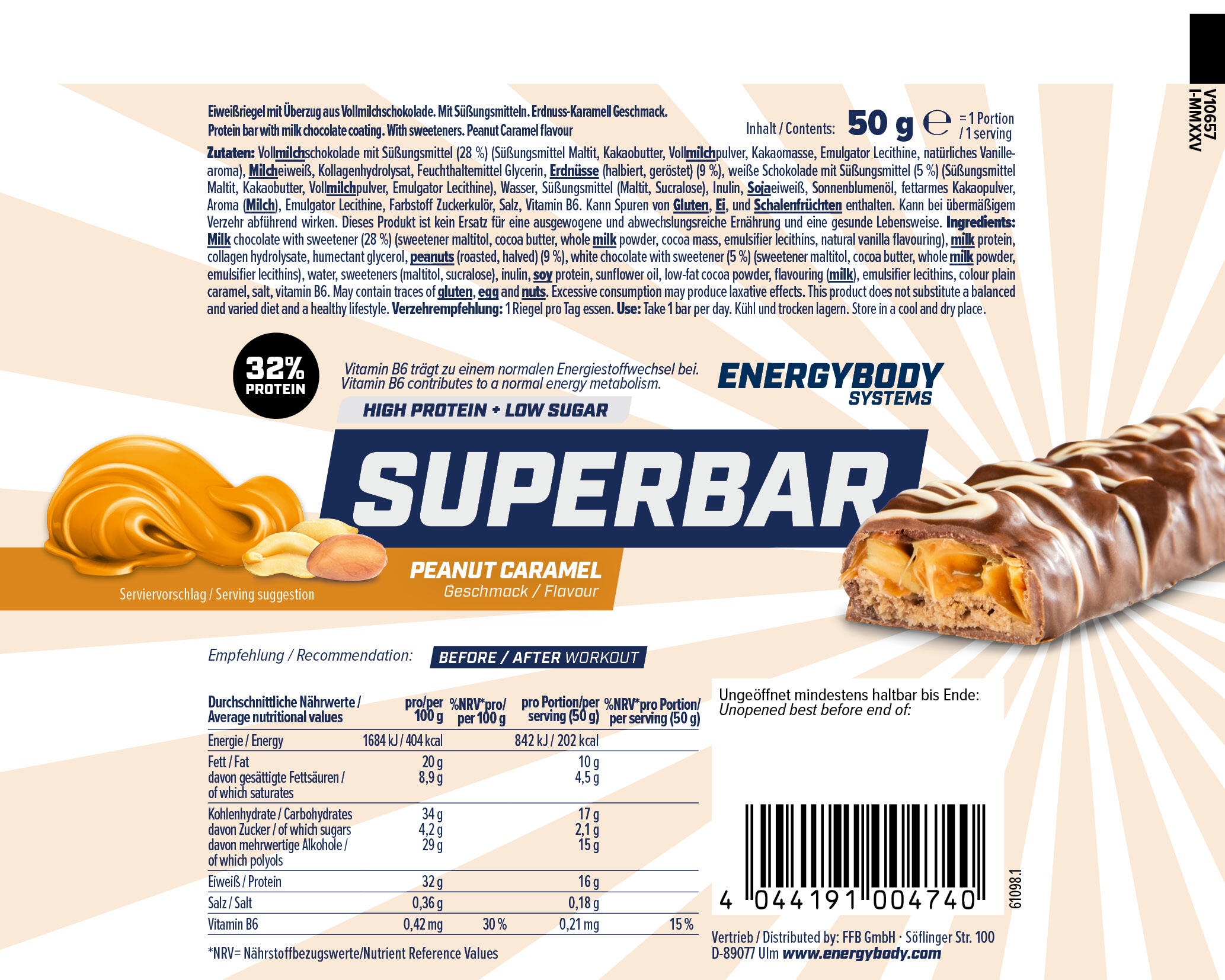 Superbar Eiweißriegel, 32% Protein, low sugar, Peanut Caramel, 50 g 4/4