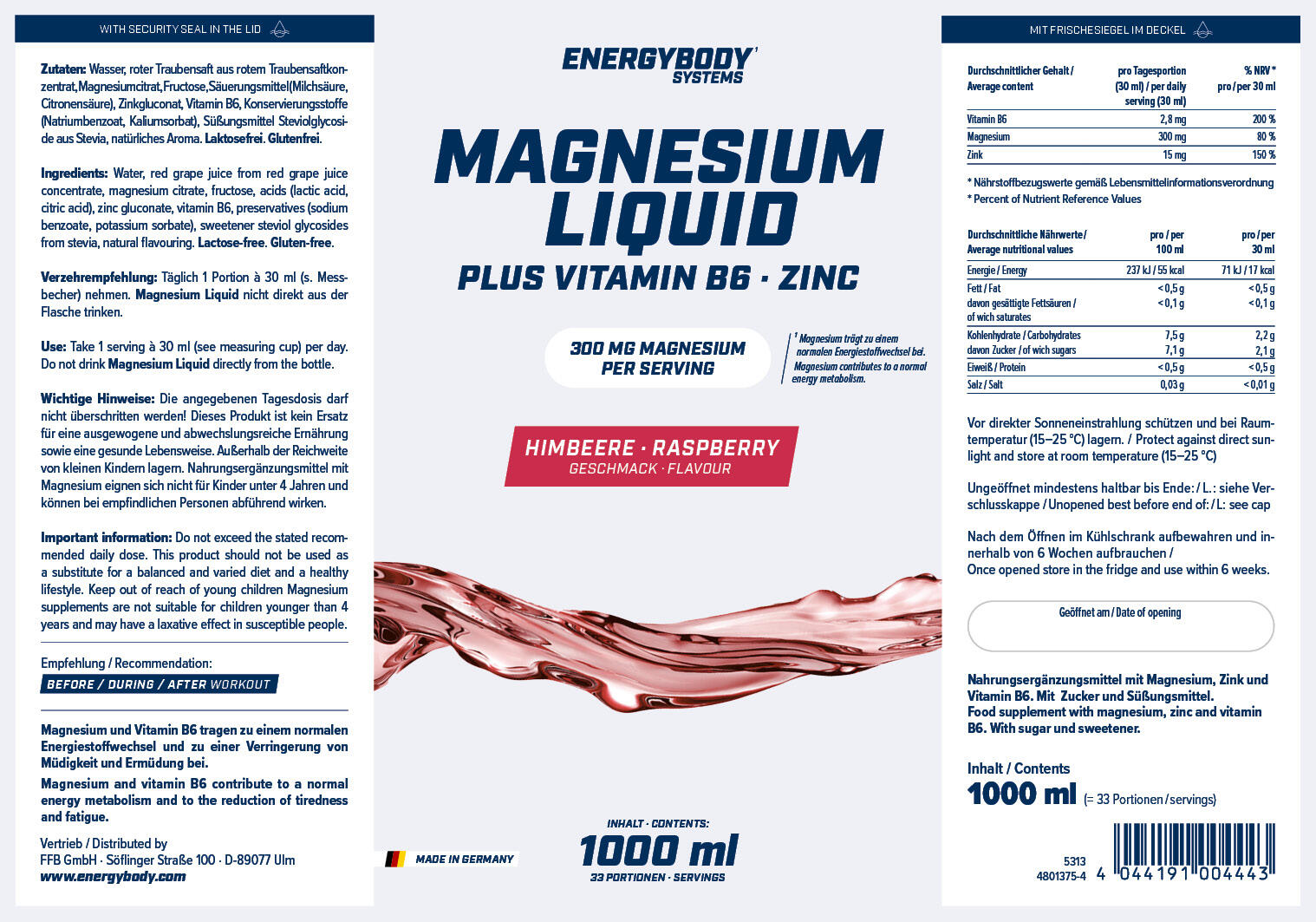 Magnesium Liquid Plus Vitamin B6, Himbeere, 1 Liter 2/2