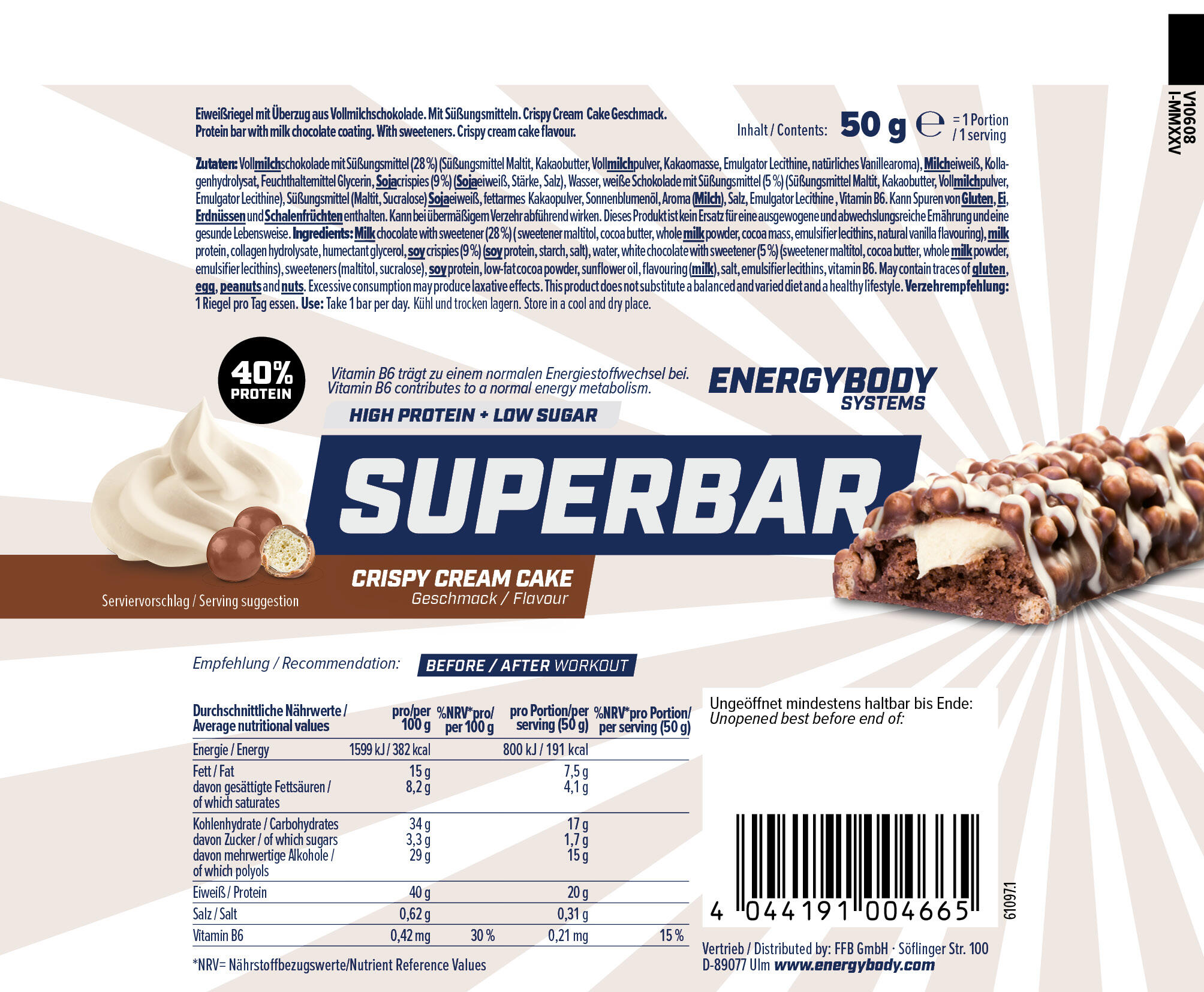 Superbar Eiweißriegel, 40% Protein, low sugar, Crispy Cream Cake, 50 g 4/4