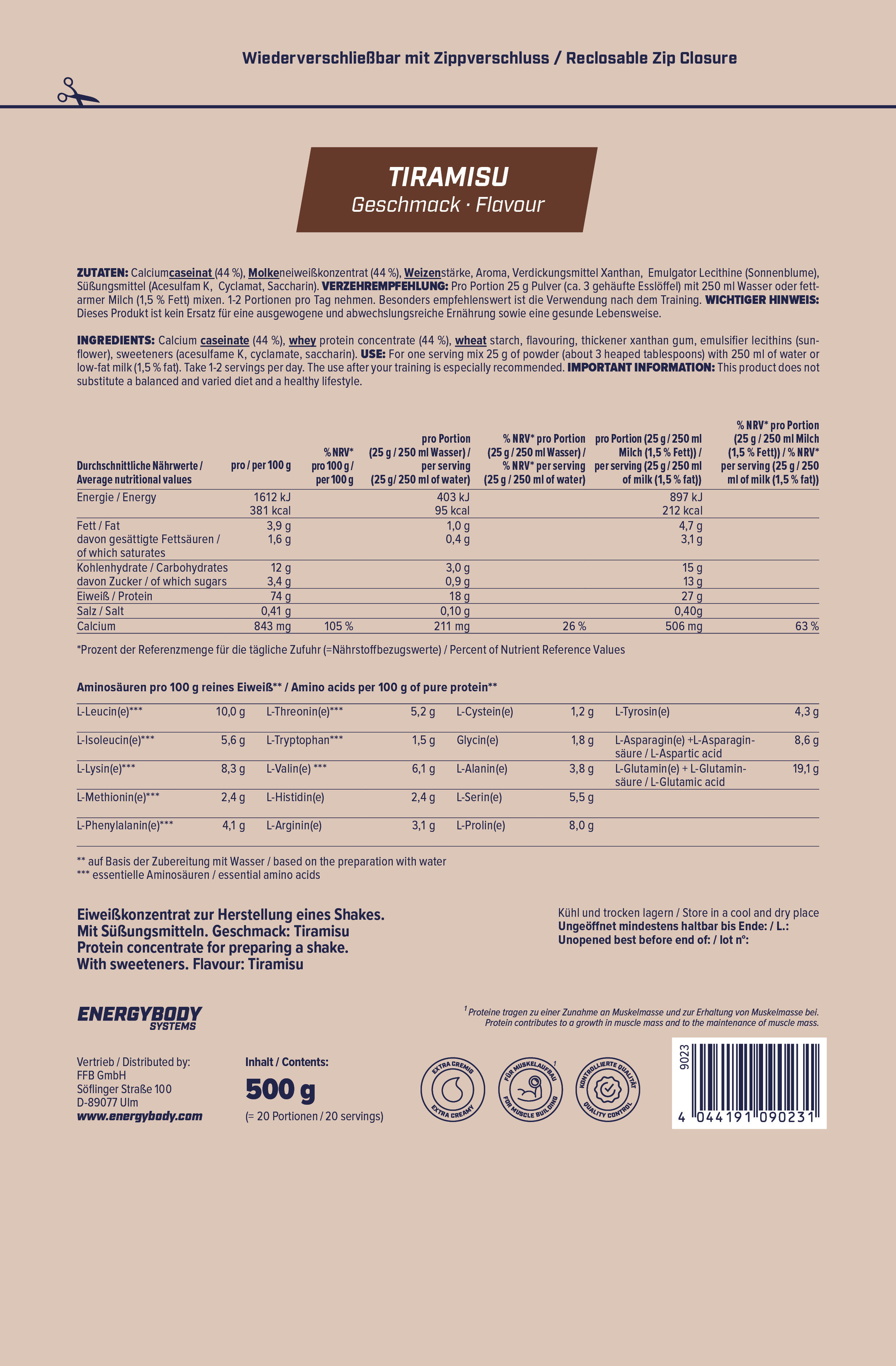Mega Protein Tiramisu, Eiweißshake Proteinpulver mit Whey & Casein, 500 g 4/4