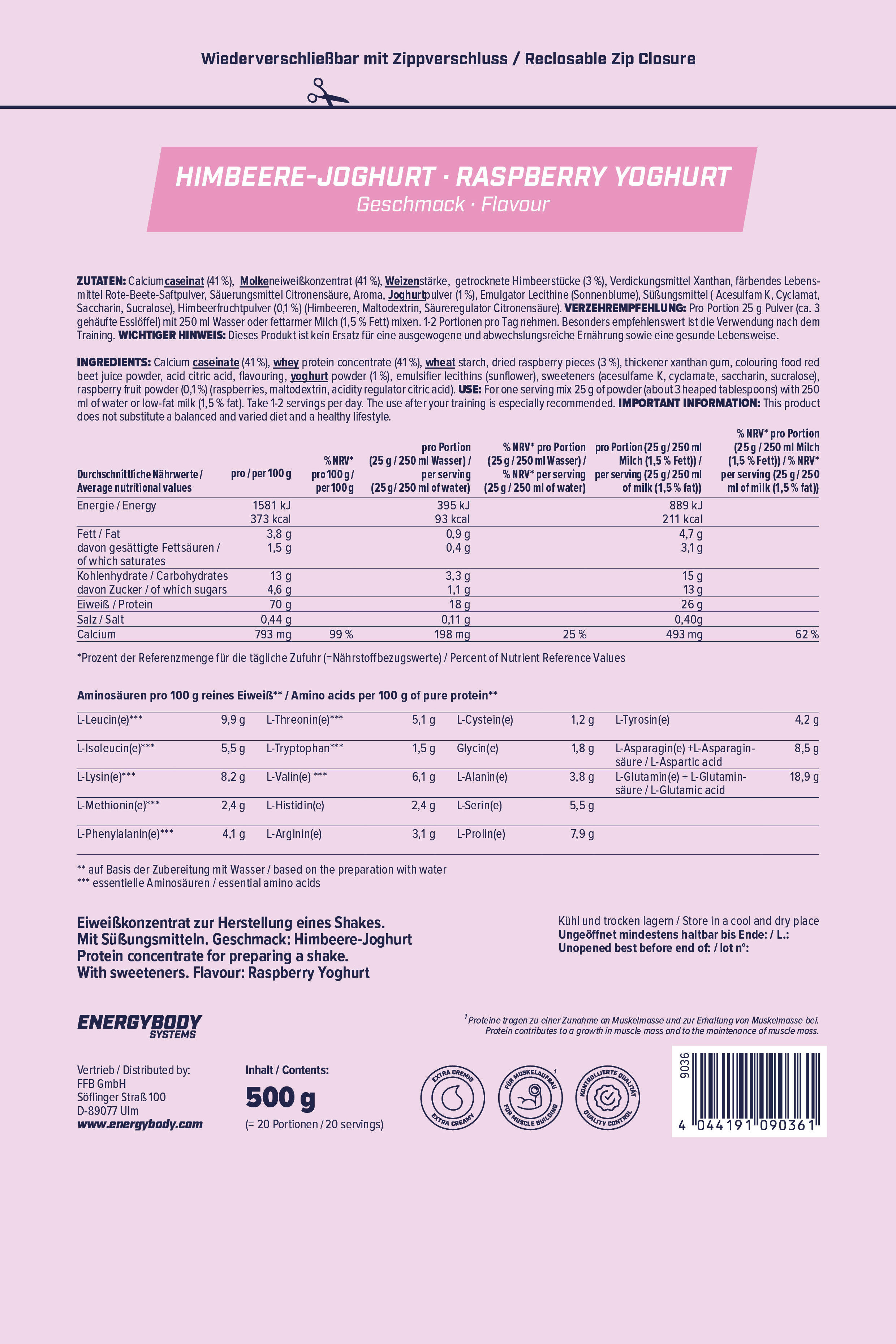 Mega Protein Himbeere-Joghurt, Eiweißshake Proteinpulver mit Whey & Casein, 500 4/4