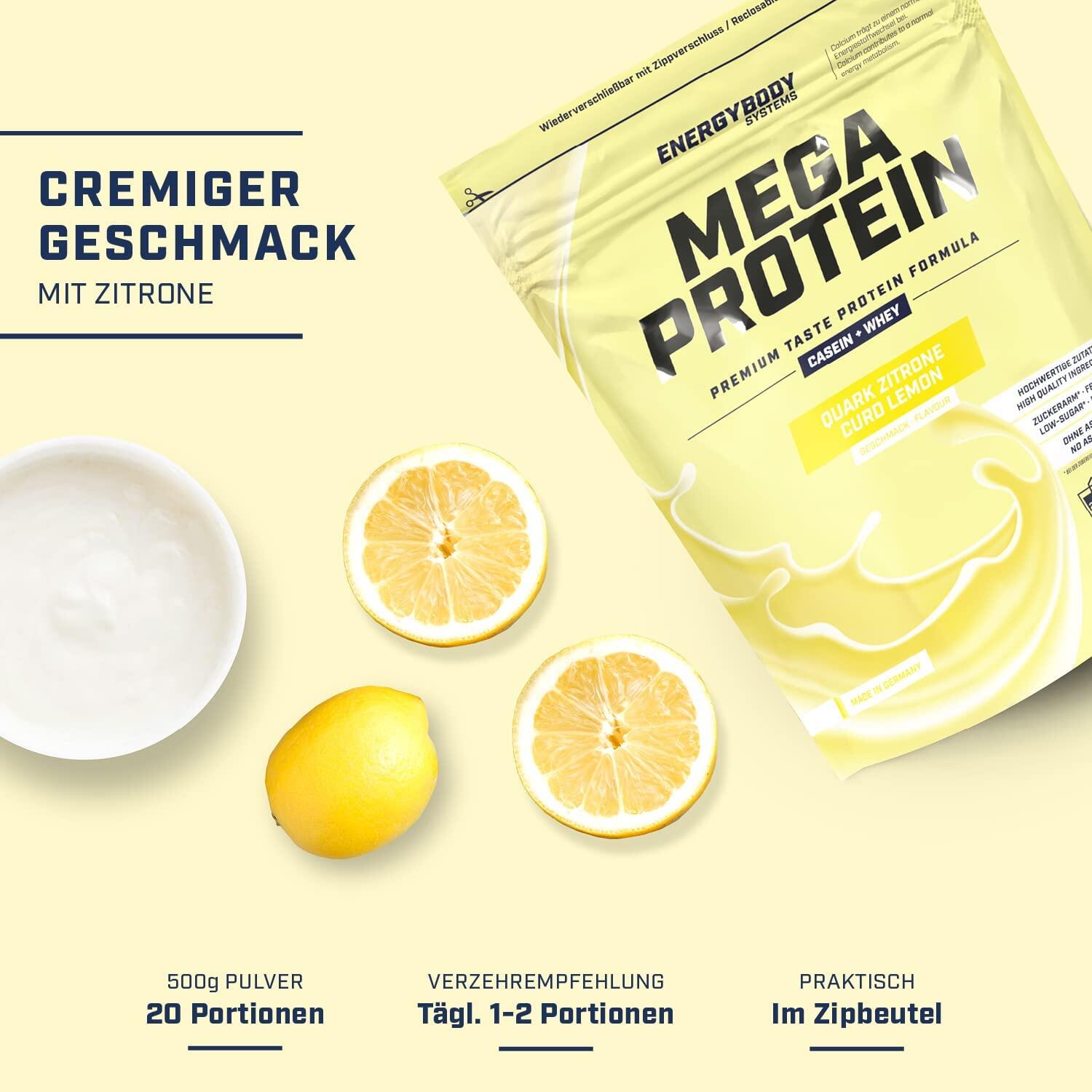Mega Protein Quark-Zitrone, Eiweißshake Proteinpulver mit Whey & Casein, 500 g 2/4
