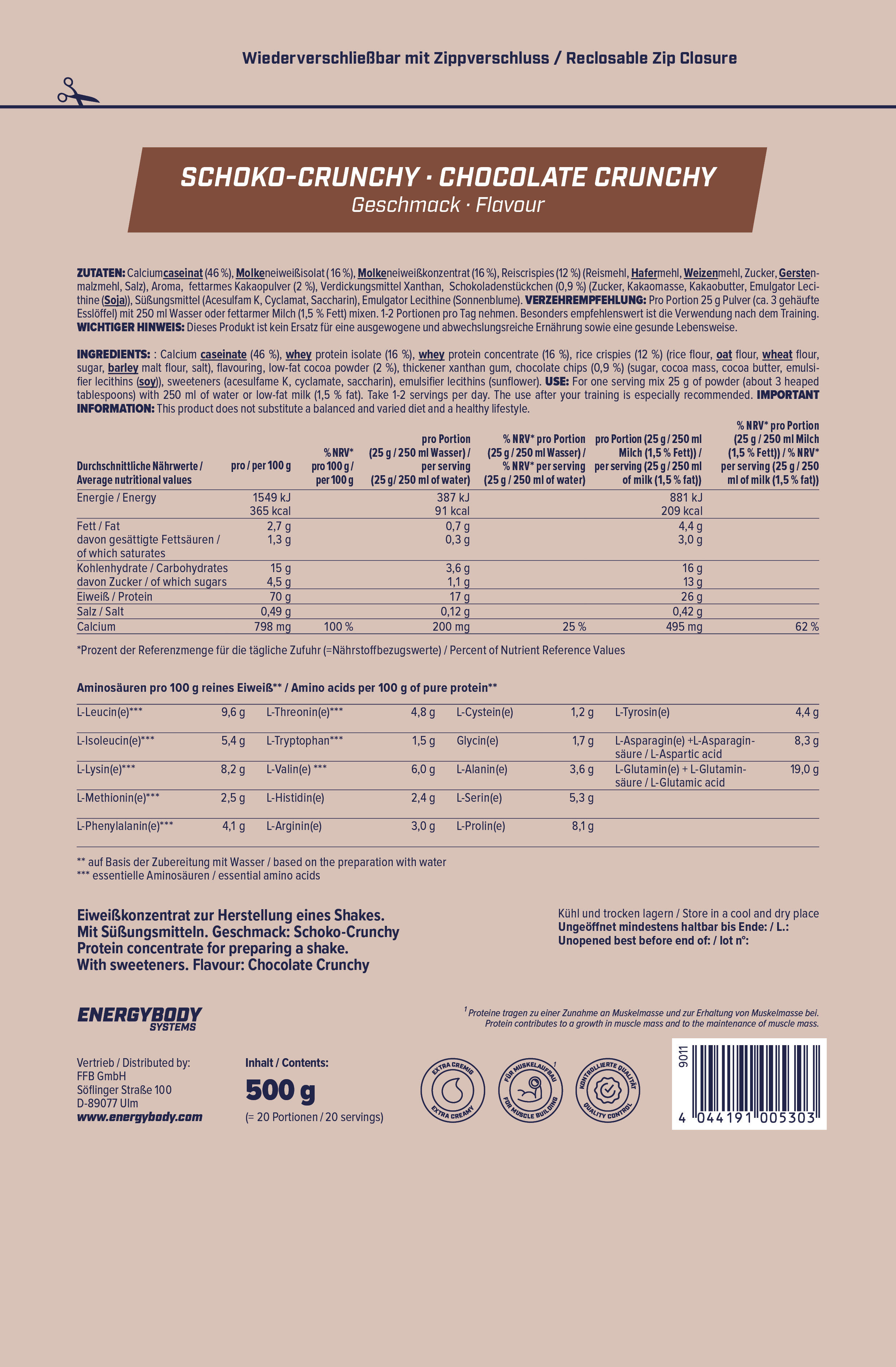 Mega Protein Schoko-Crunchy, Eiweißshake Proteinpulver mit Whey & Casein, 500 g 4/4