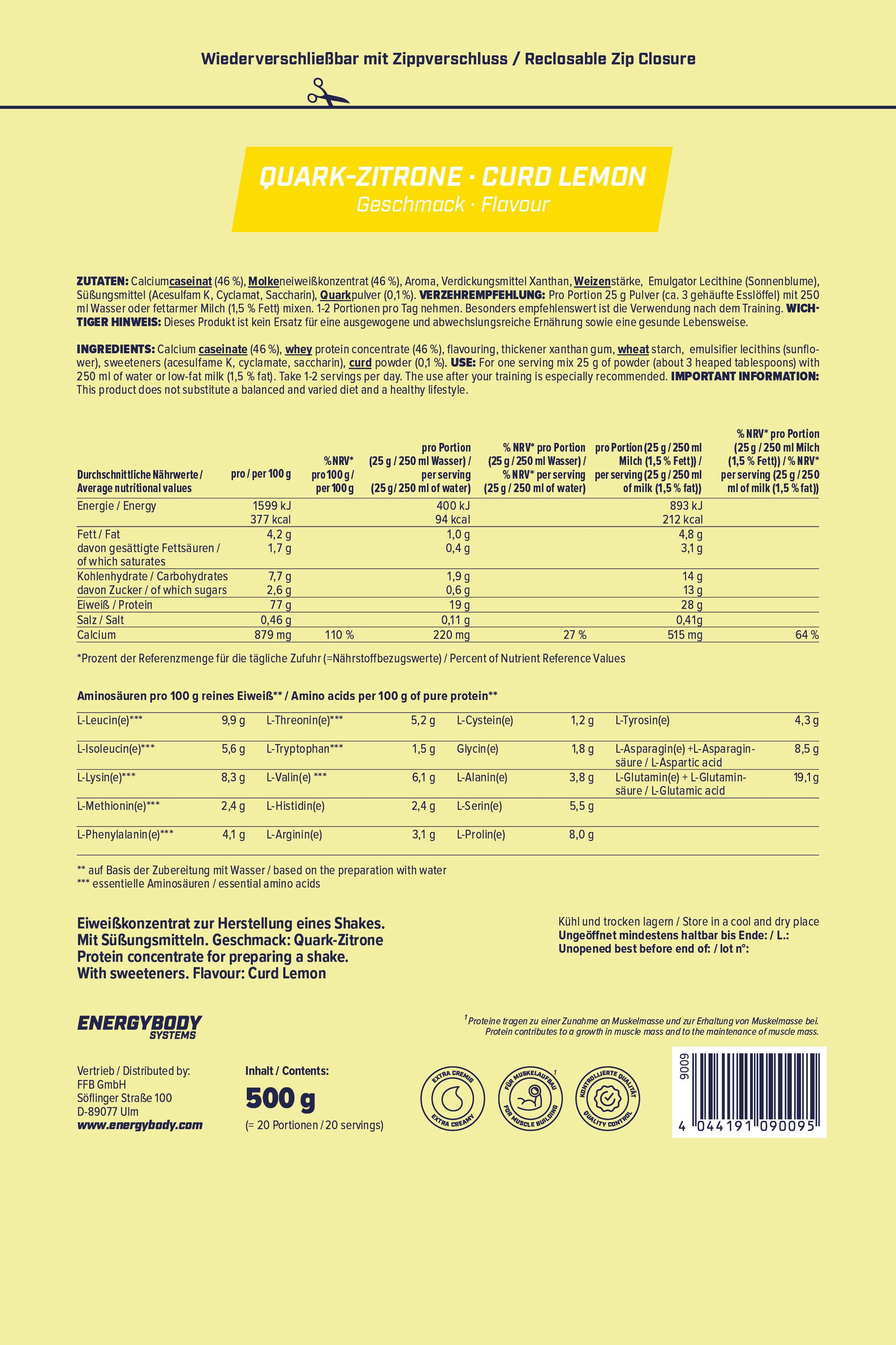 Mega Protein Quark-Zitrone, Eiweißshake Proteinpulver mit Whey & Casein, 500 g 4/4