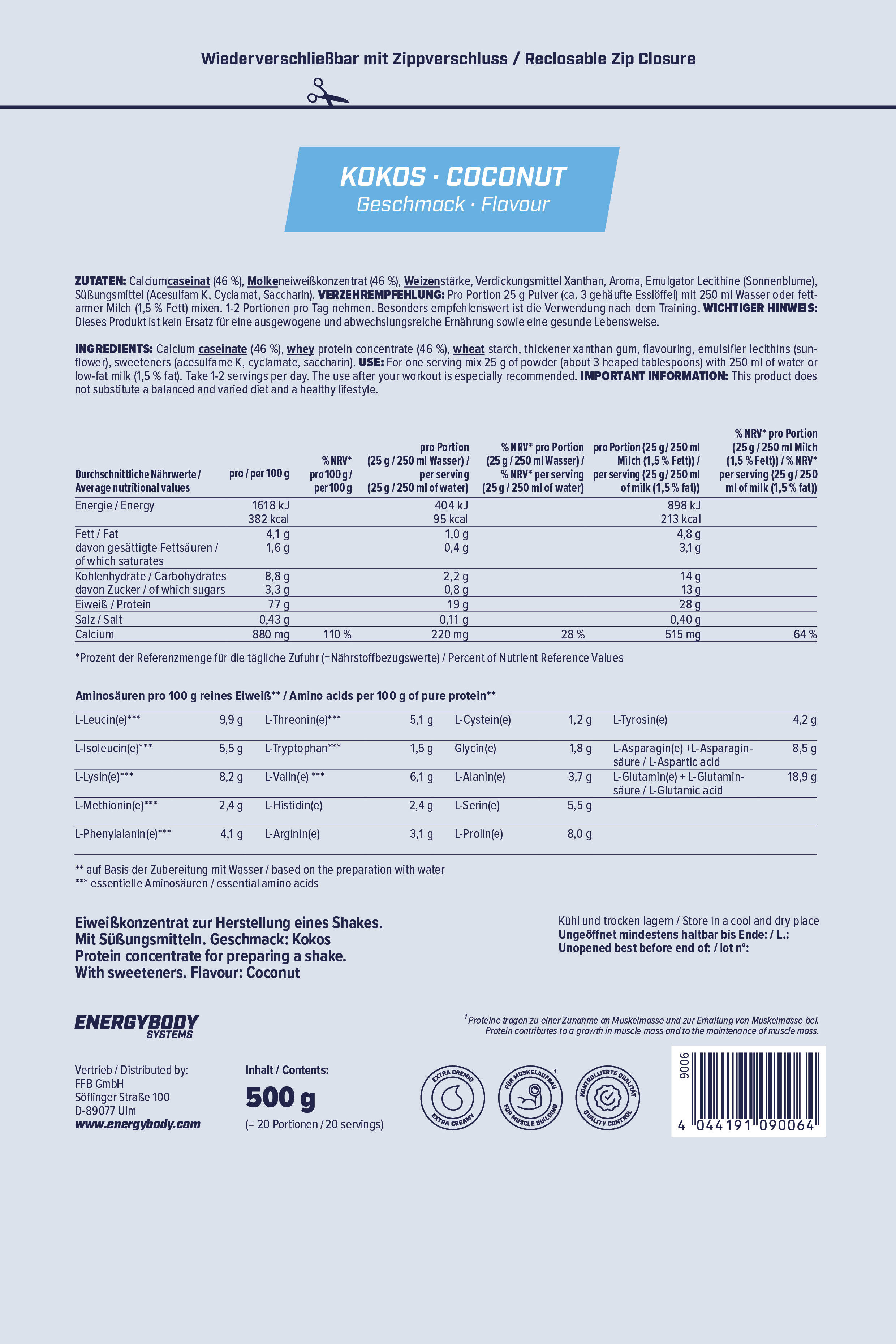 Mega Protein Kokos, Eiweißshake Proteinpulver mit Whey & Casein, 500 g 4/4