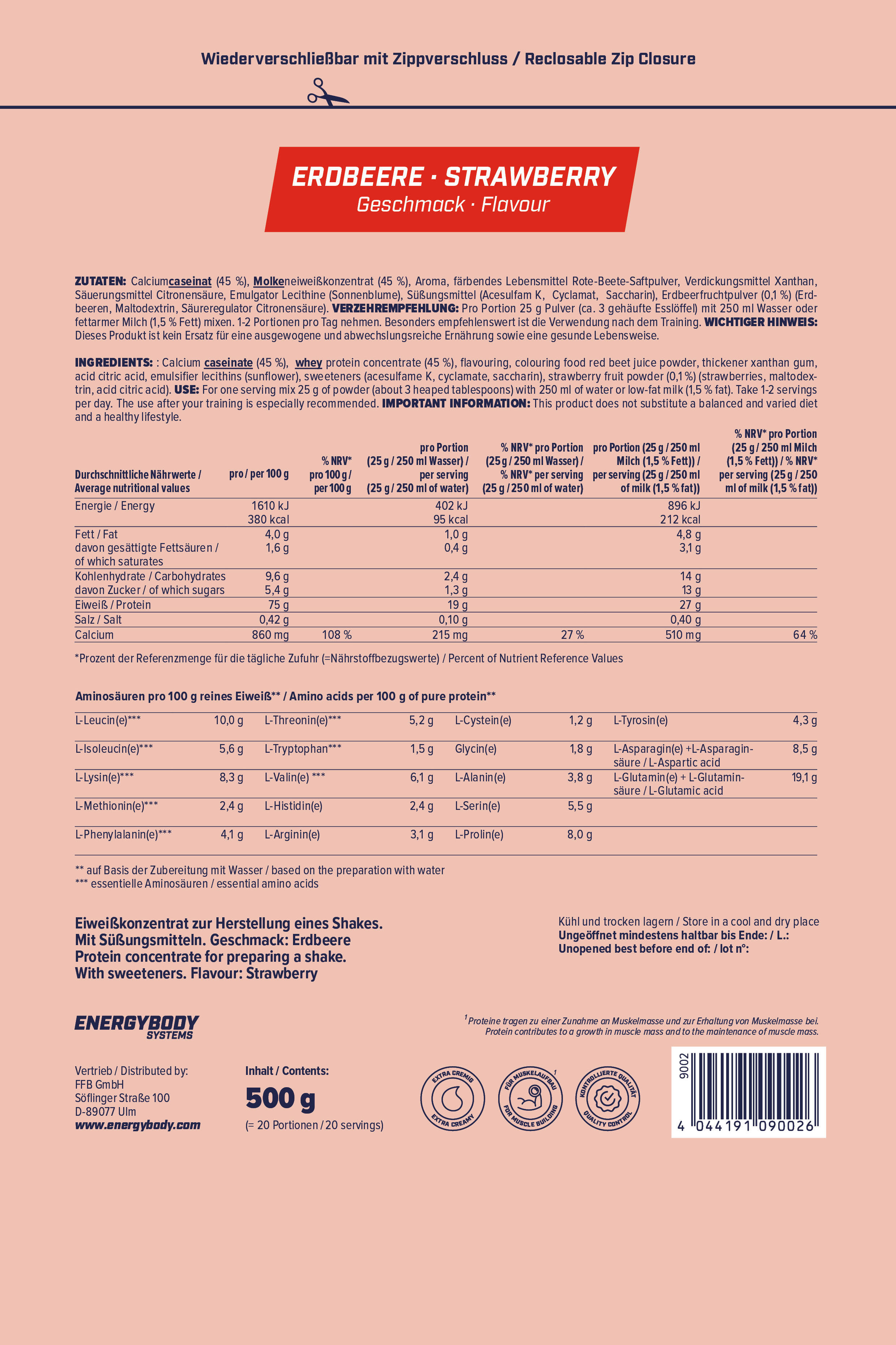 Mega Protein Erdbeere, Eiweißshake Proteinpulver mit Whey & Casein, 500 g 4/4