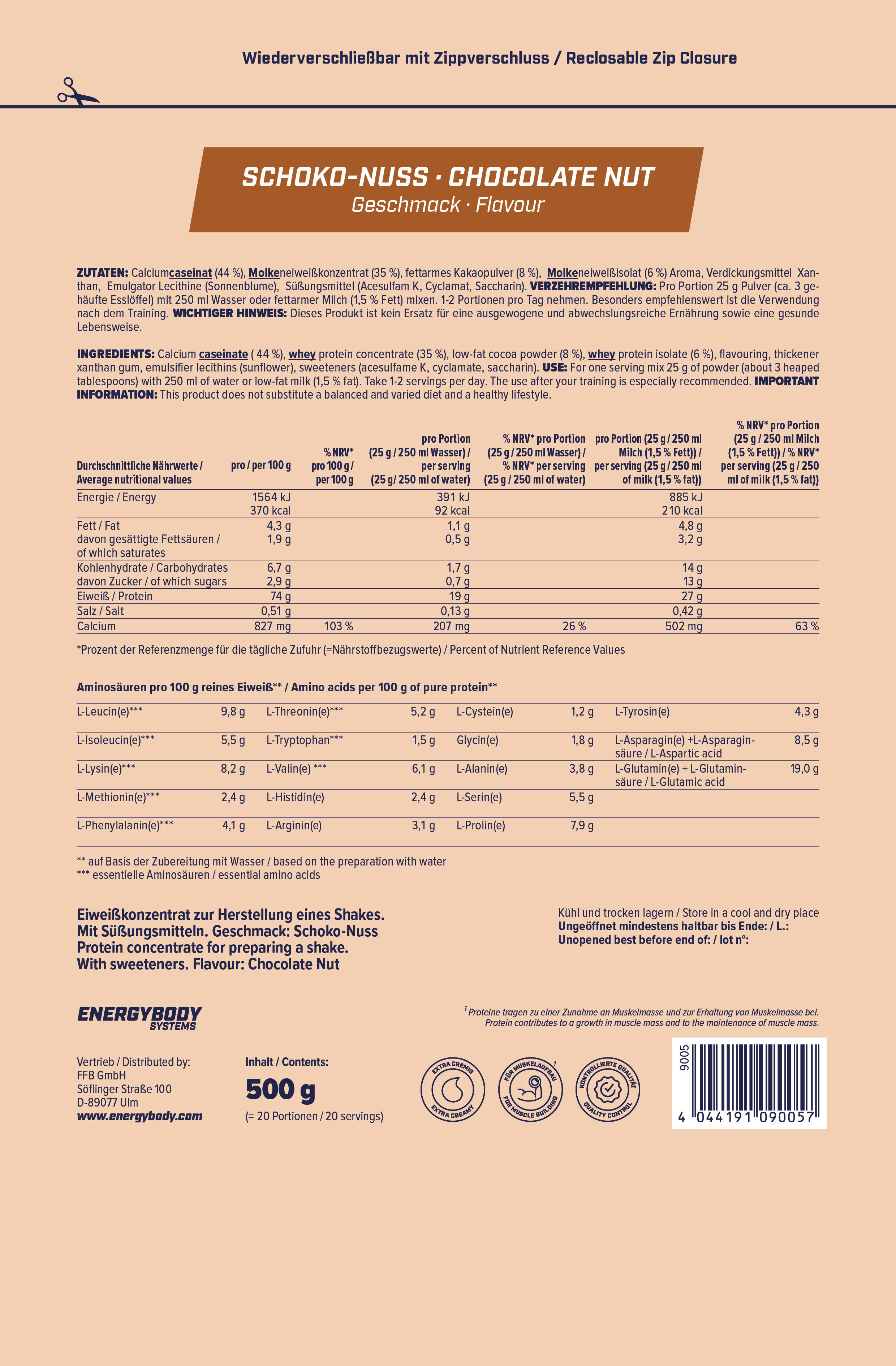 Mega Protein Schoko-Nuss, Eiweißshake Proteinpulver mit Whey & Casein, 500 g 4/4