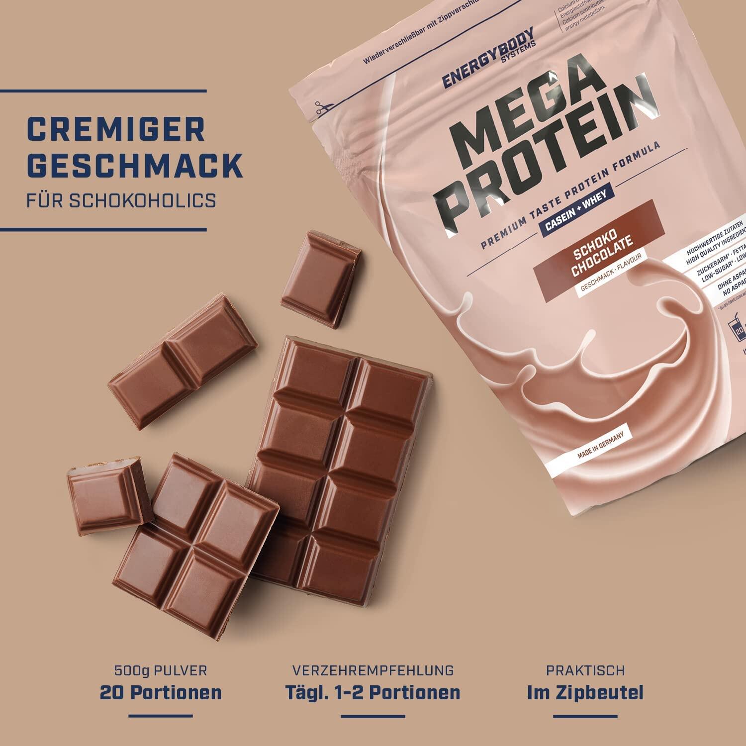 Mega Protein Schoko, Eiweißshake Proteinpulver mit Whey & Casein, 500 g 2/4