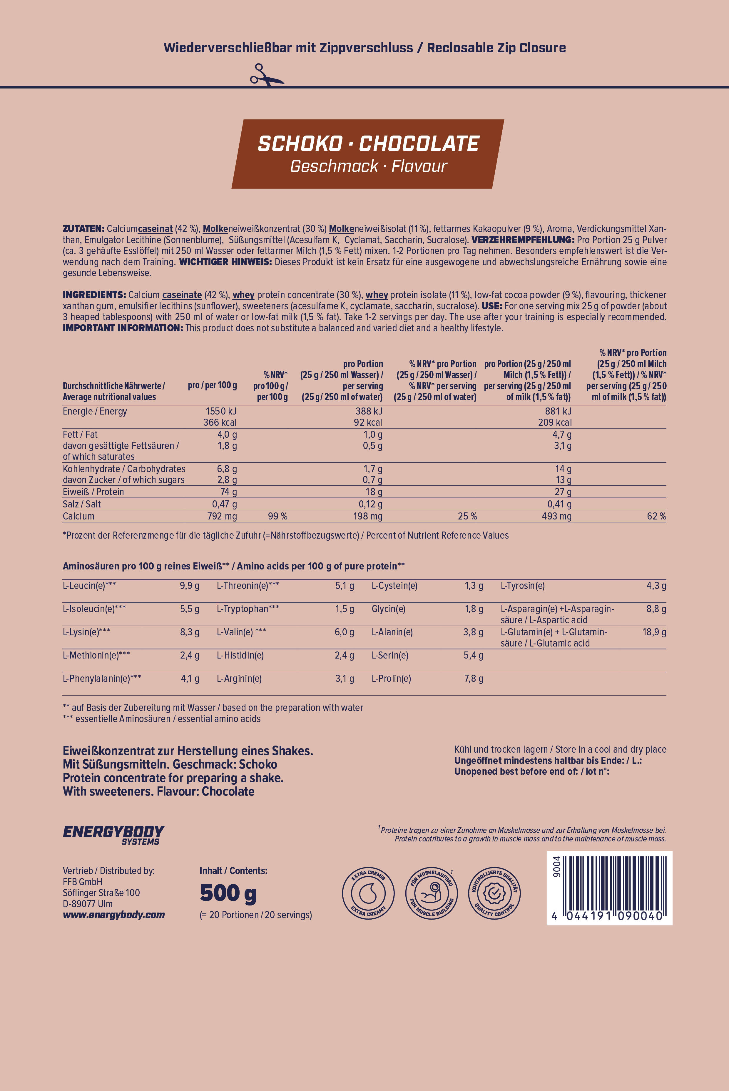 Mega Protein Schoko, Eiweißshake Proteinpulver mit Whey & Casein, 500 g 4/4