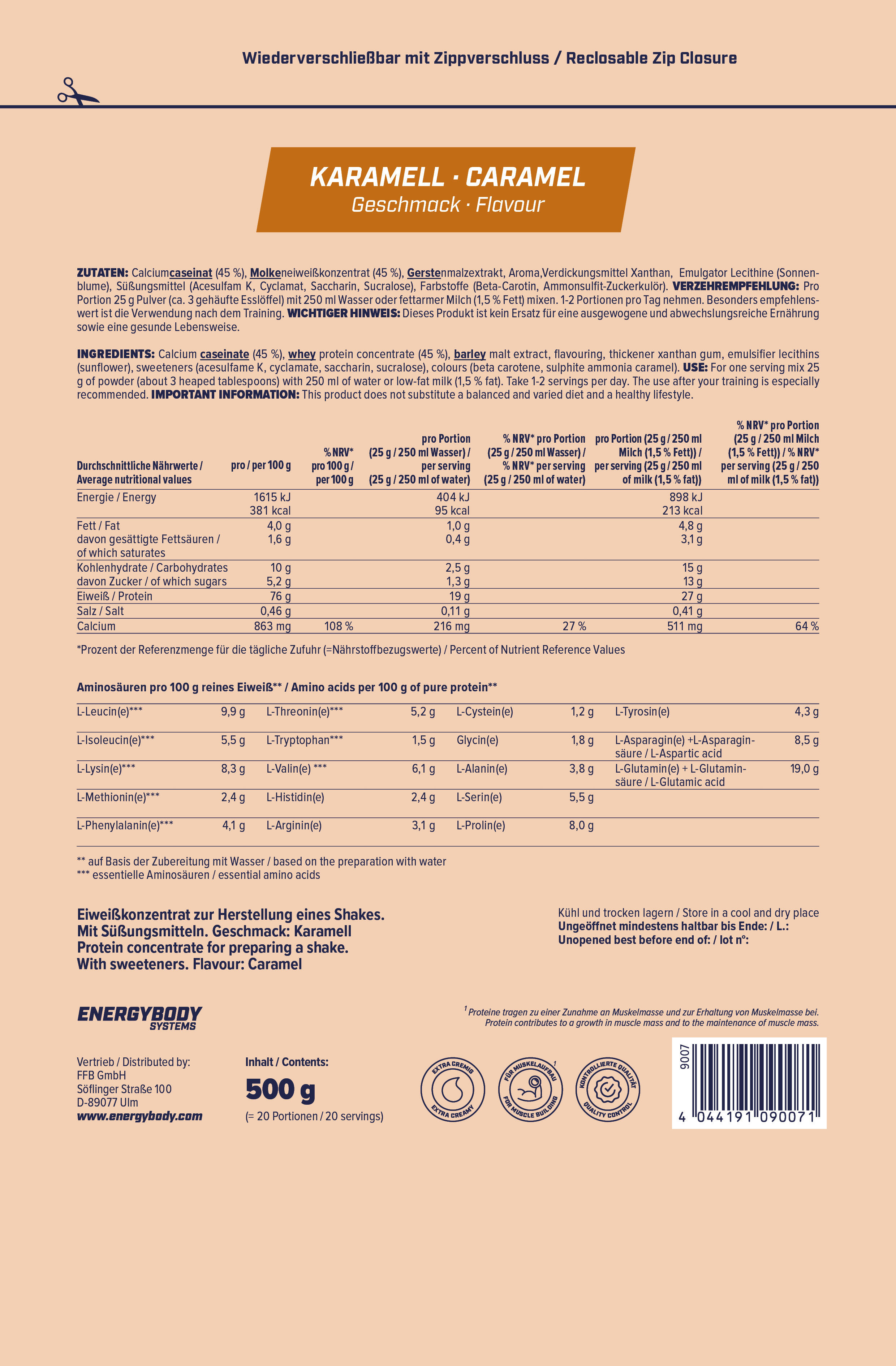 Mega Protein Karamell, Eiweißshake Proteinpulver mit Whey & Casein, 500 g 4/4