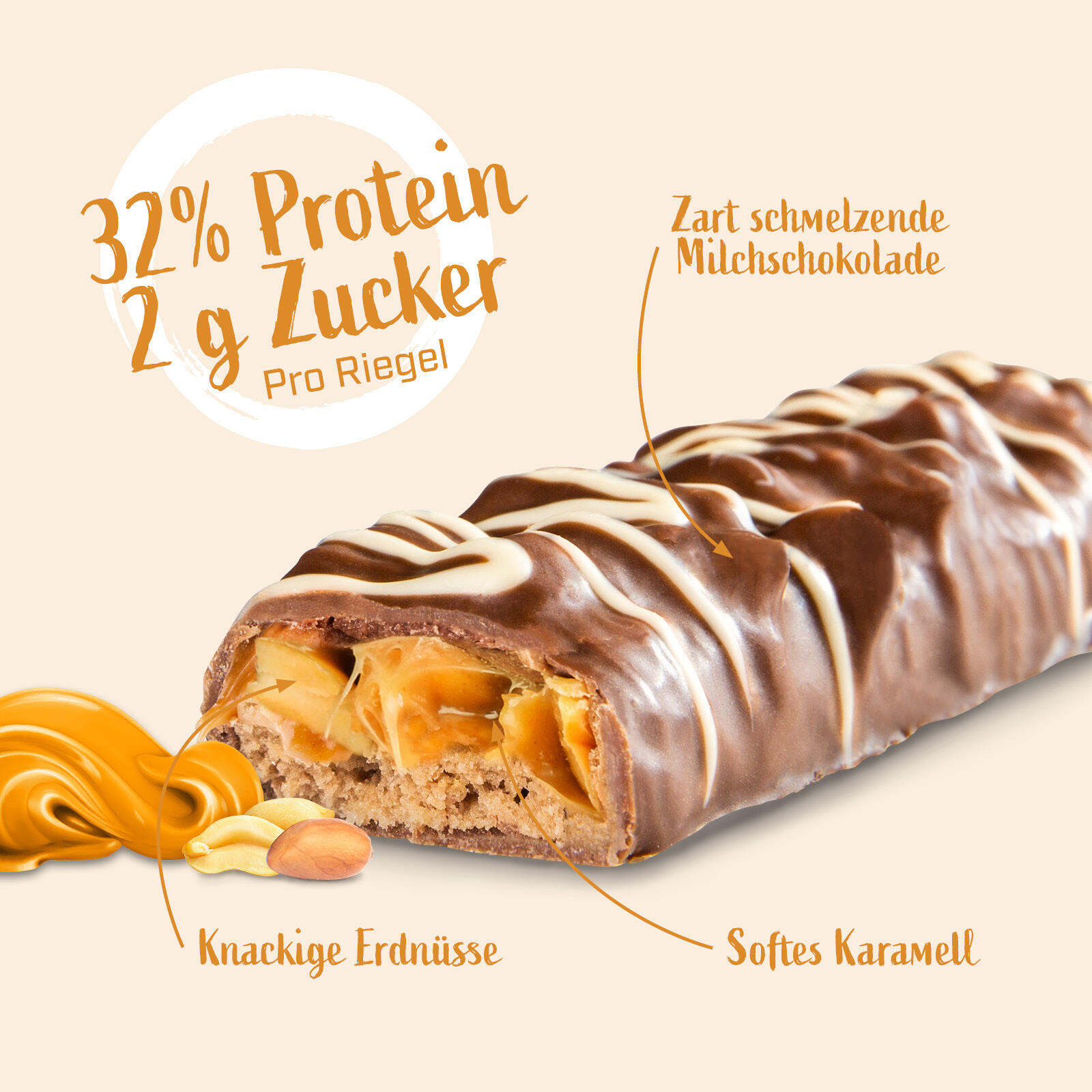 Superbar Eiweißriegel, 32% Protein, low sugar, Peanut Caramel, 50 g 2/4