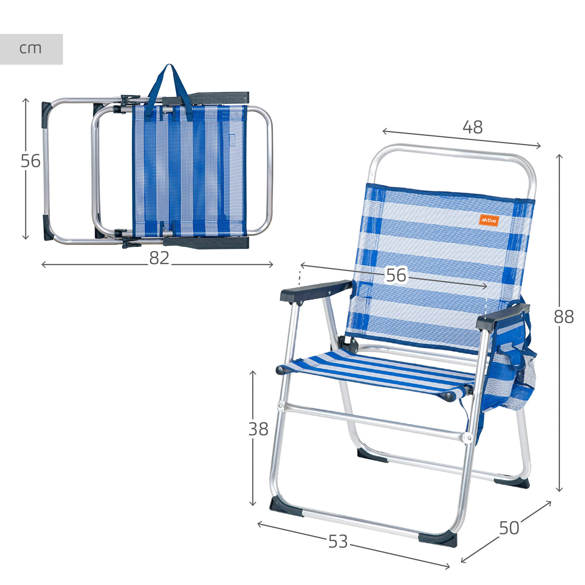 Pack da 2 sedie da spiaggia pieghevoli con tasche a righe, 48x50x88 cm 4/7