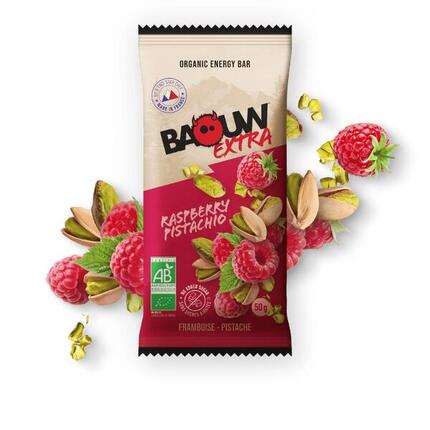 Barre Extra BIO aux framboises et pistaches, en-cas gourmand et pratique, 50g.