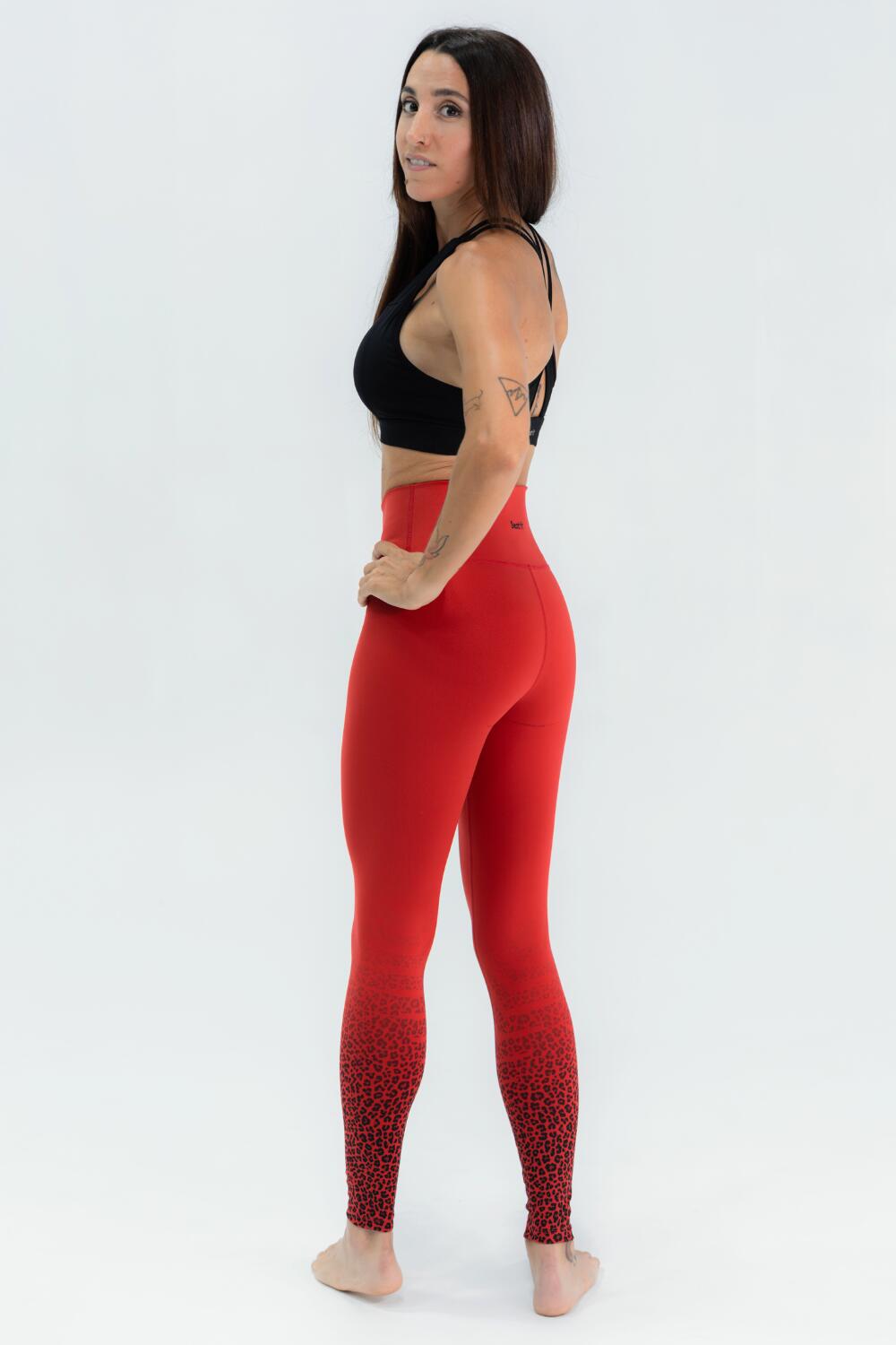 Mallas Running BEATFIT Mujer ROSETTE Roja Talle Alto Vientre Plano Moldeador 3/4