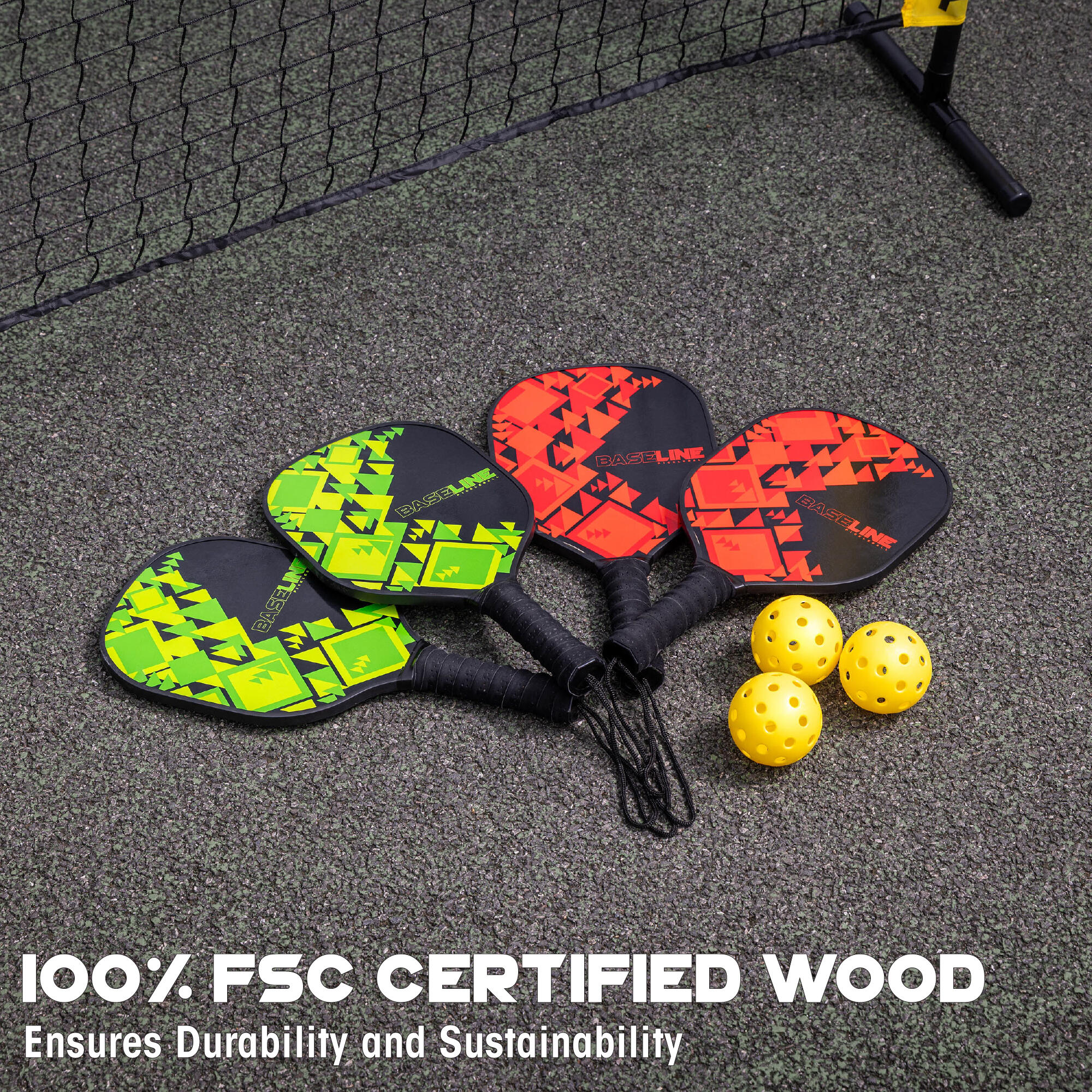 Baseline 4 Player Kids Pickleball Set with Rackets, Balls and a Net, Black 3/6