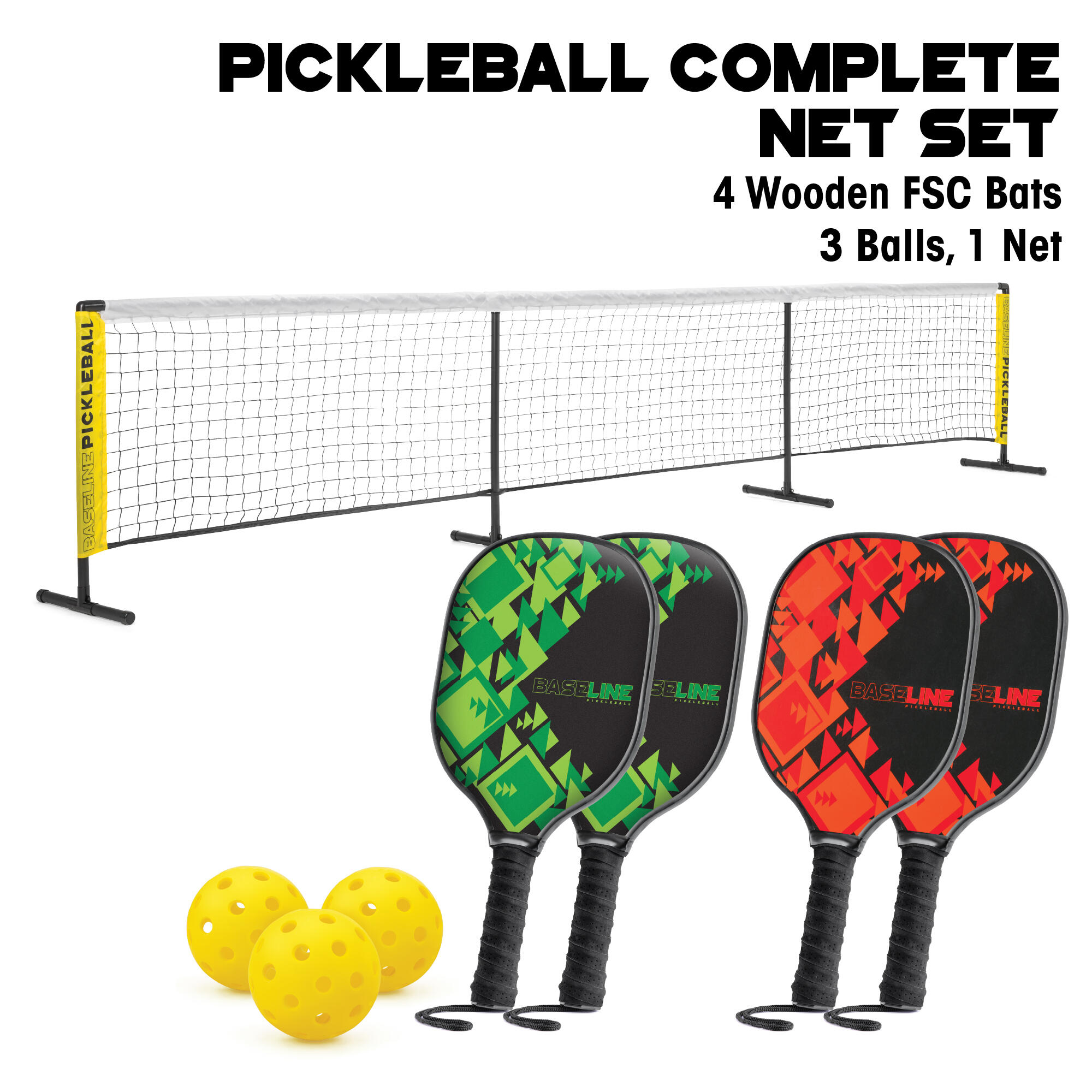 Baseline 4 Player Kids Pickleball Set with Rackets, Balls and a Net, Black 6/6
