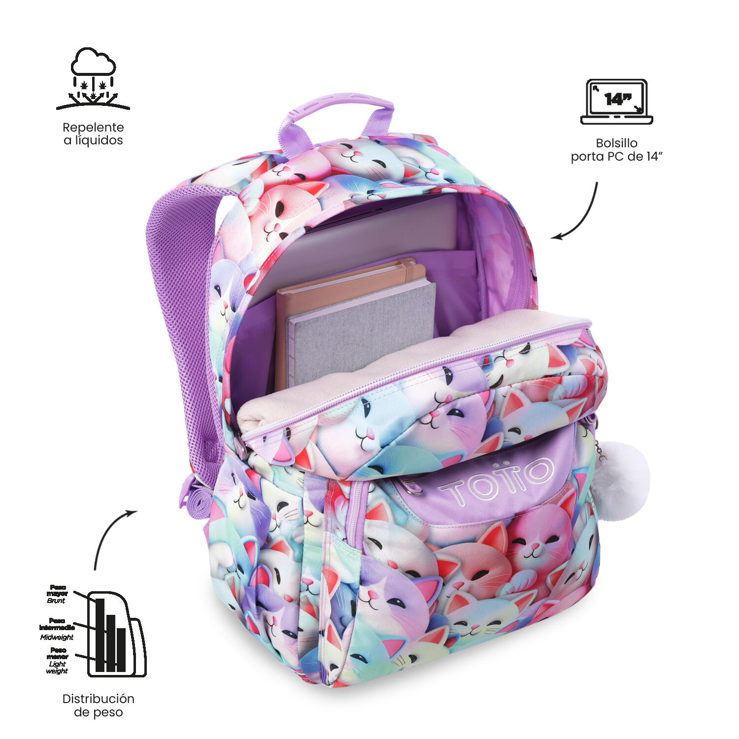 Totto Mochila escolar Acuareles Mewsy 3D Poliéster 33 x 44 x 14 cm 5/5