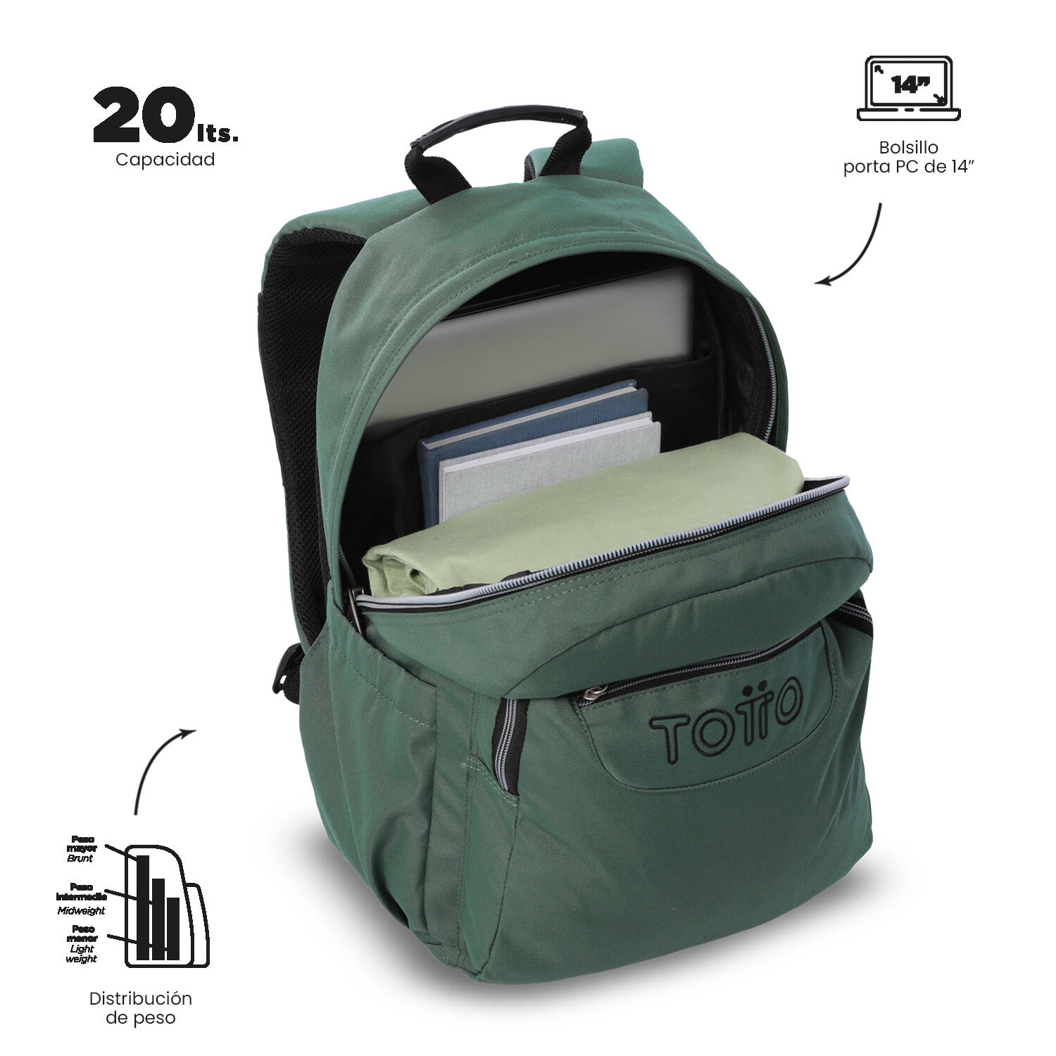 Totto Mochila escolar Acuarela Ecole Solid Dark Forest Poliéster 33 x 44 x 14 c 5/5