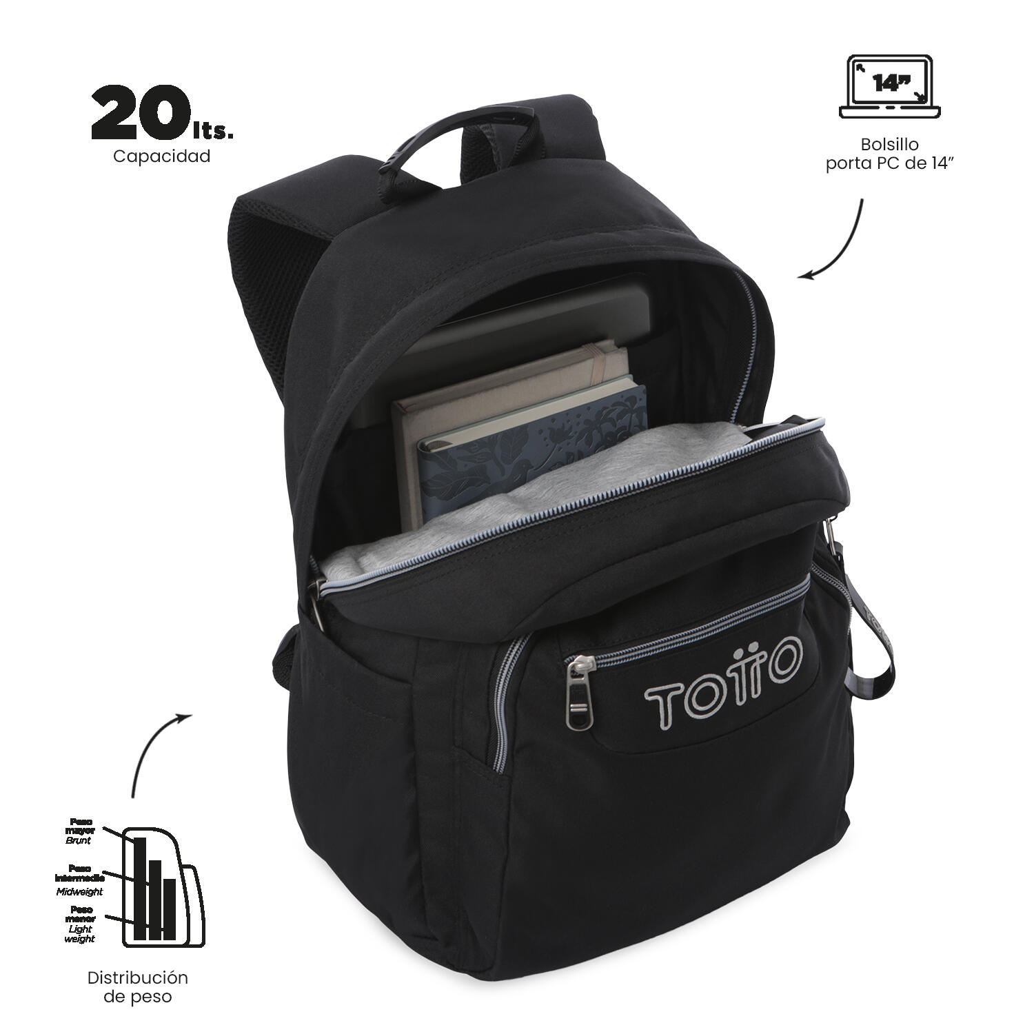Totto Mochila urbana Acuarela Ecole Solid Negro/Black Poliéster 33 x 44 x 14 cm 5/5