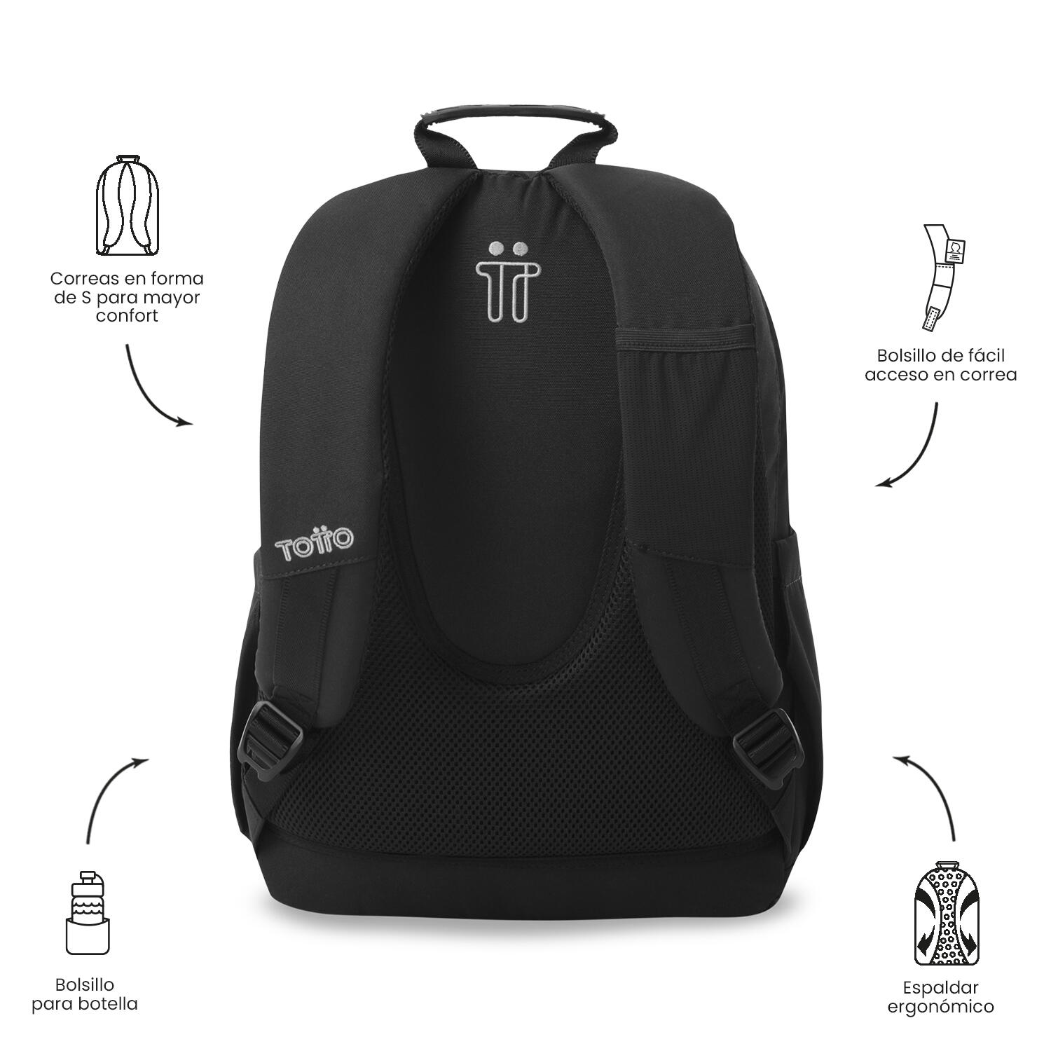 Totto Mochila urbana Acuarela Ecole Solid Negro/Black Poliéster 33 x 44 x 14 cm 4/5