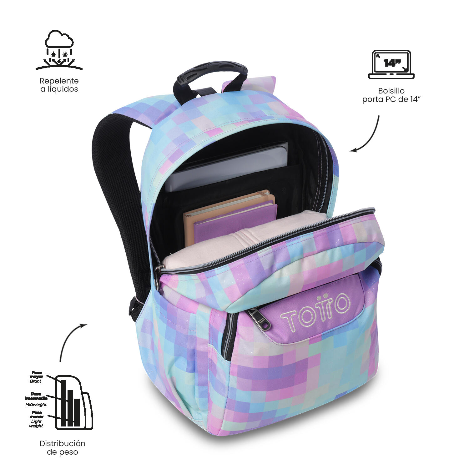 Totto Mochila escolar Acuareles Glitter Pixelly Poliéster 33 x 44 x 14 cm 5/5