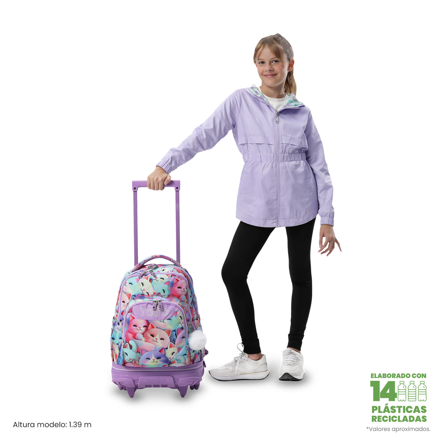 Totto Mochila escolar ruedas Tiza Desmontable Mewsy 3D Poliéster 32 x 45.5 x 18 2/5