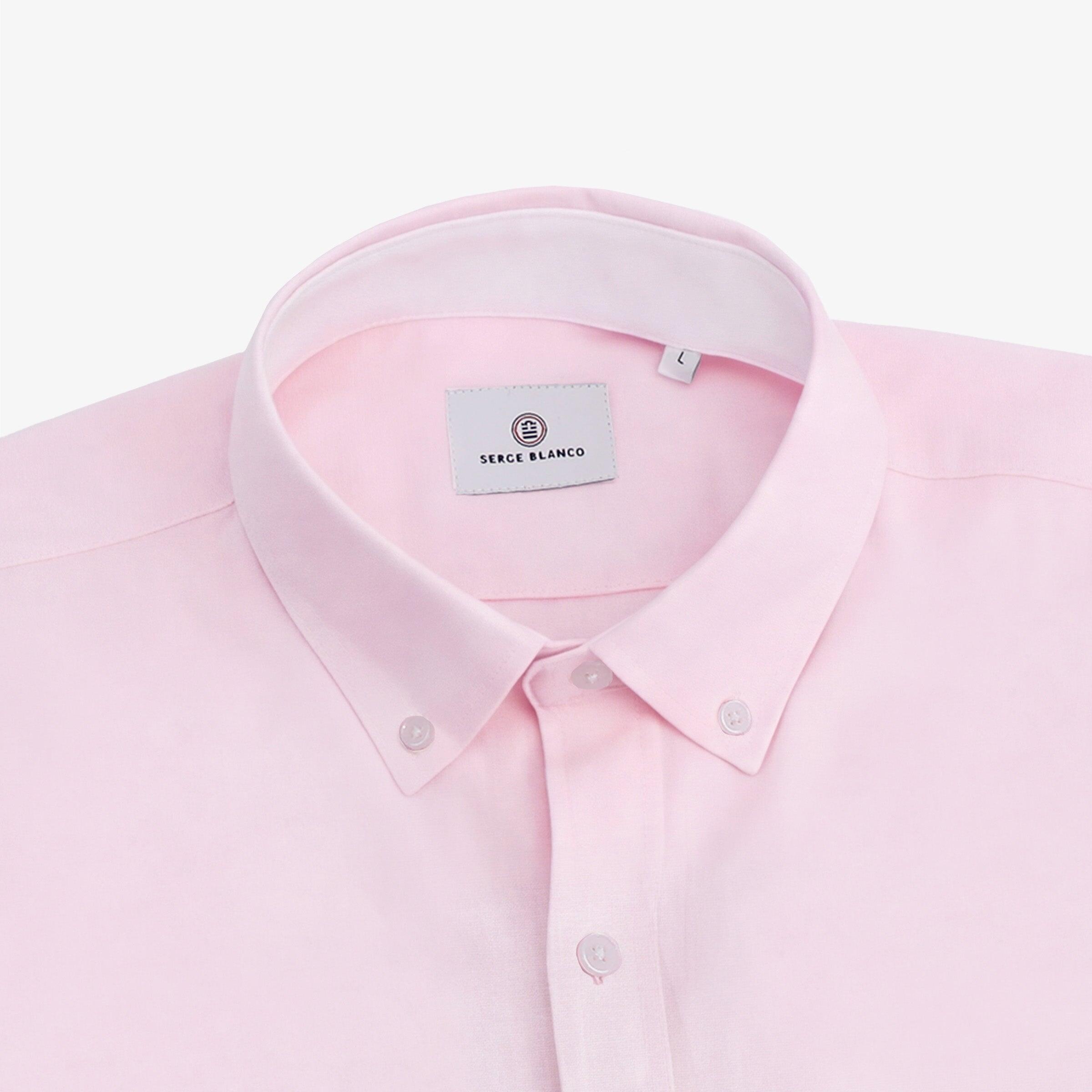 Camisa de manga comprida em algodão oxford com bolso no peito rosa 3/4