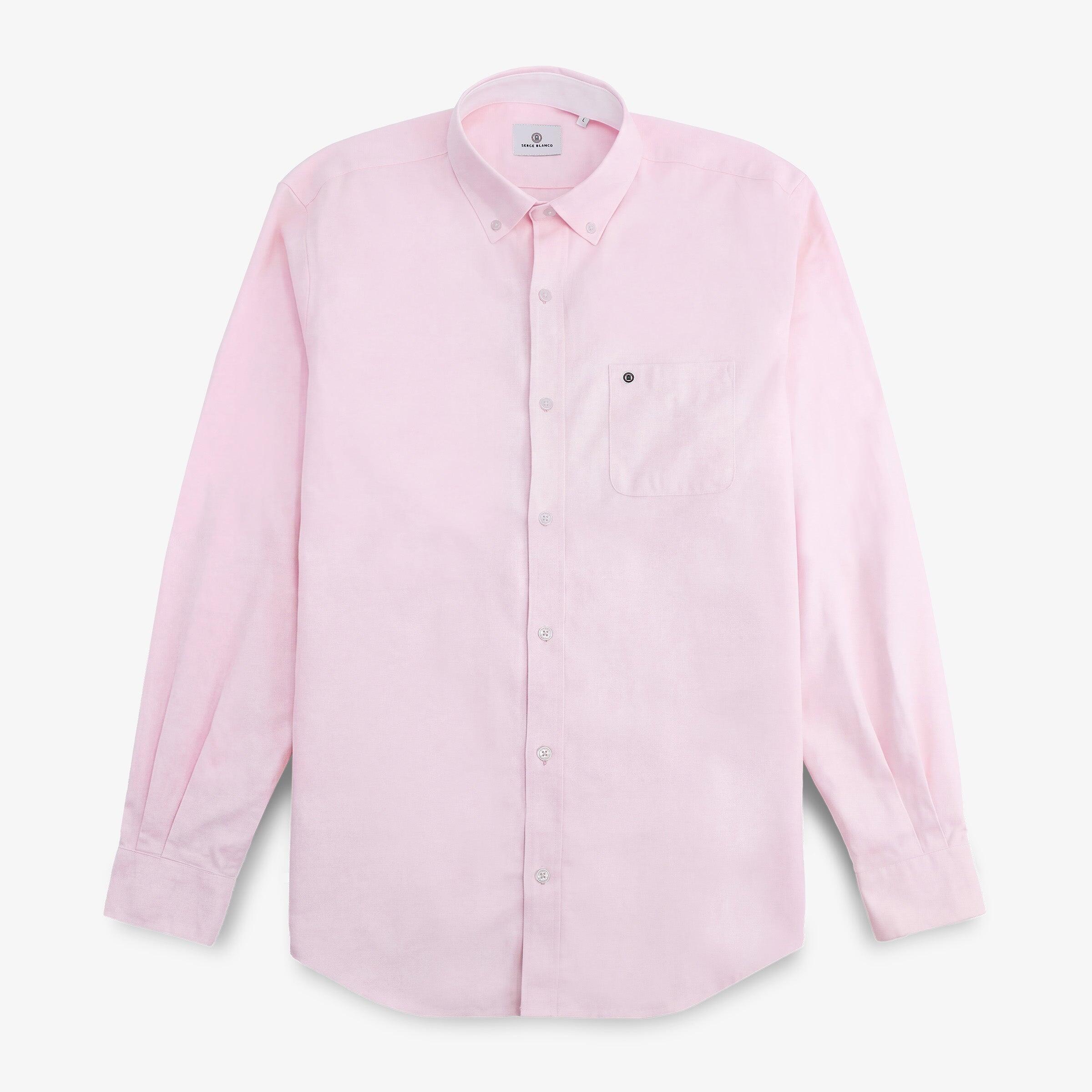Camisa de manga comprida em algodão oxford com bolso no peito rosa 1/4