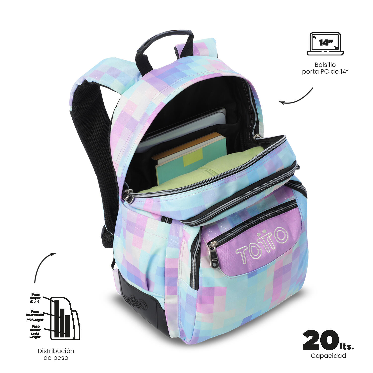 Totto Mochila escolar Rayol Glitter Pixelly Poliéster 33 x 44 x 13.5 cm 5/5