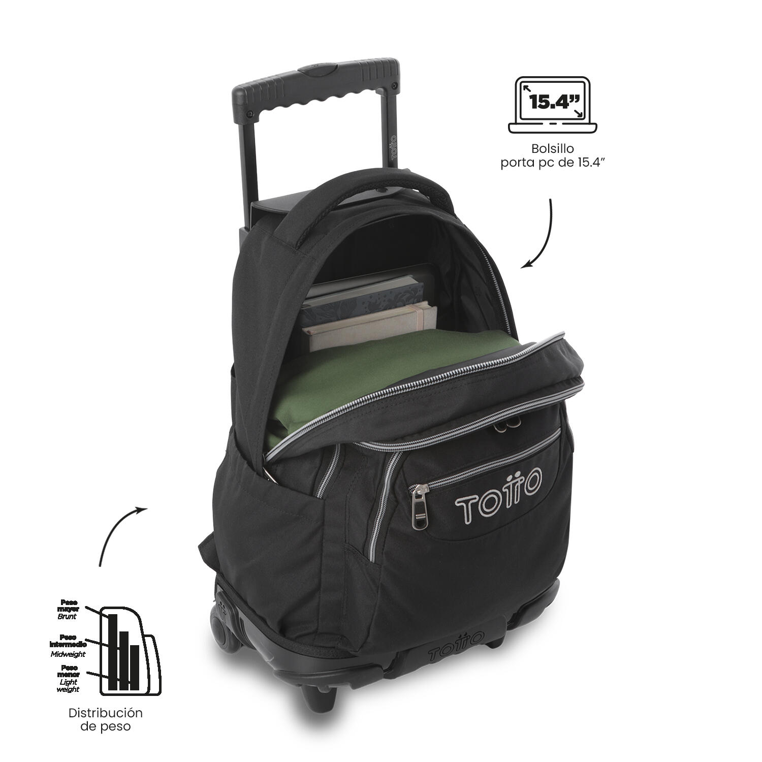 Totto Mochila escolar ruedas Renglones Ecole Solid Negro/Black Poliéster 32 x 4 5/5