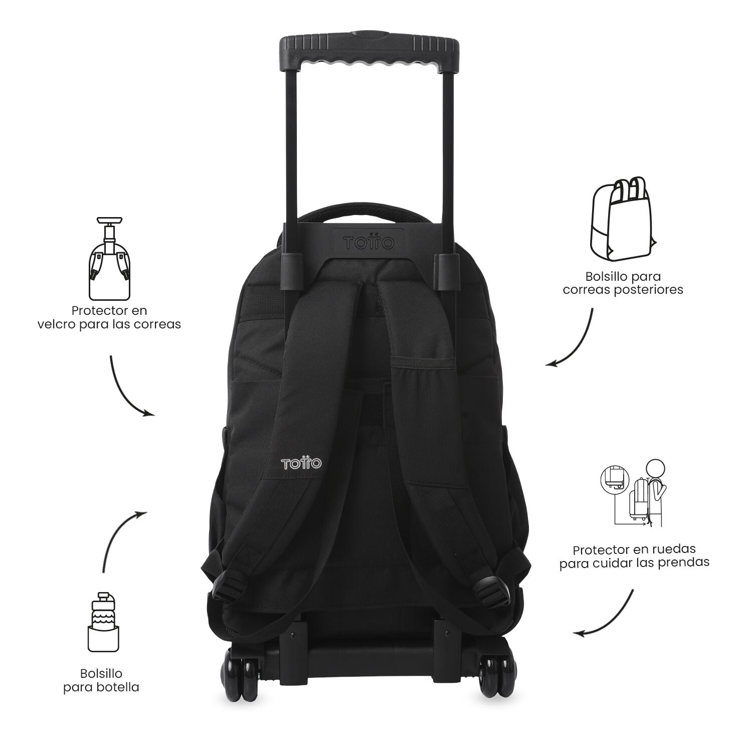 Totto Mochila escolar ruedas Renglones Ecole Solid Negro/Black Poliéster 32 x 4 4/5