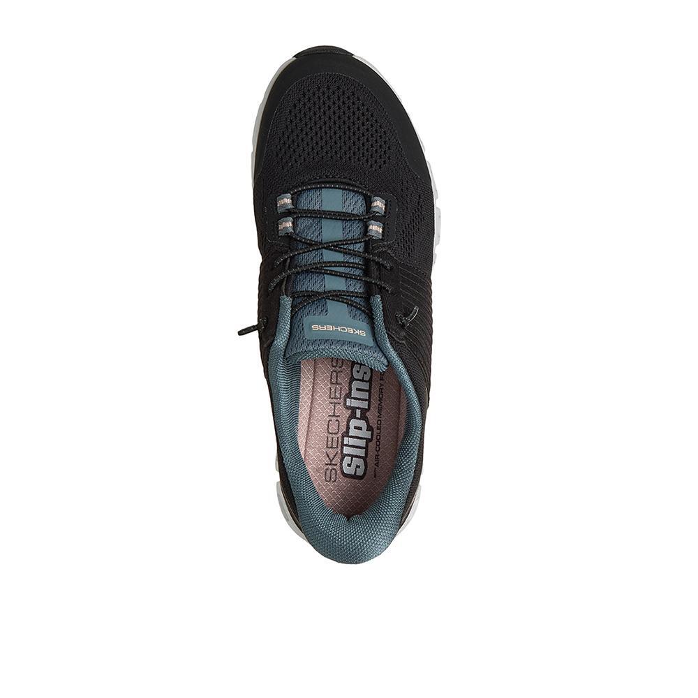Tênis pretos Skechers Skide-Step Slip-In Femininos 3/4