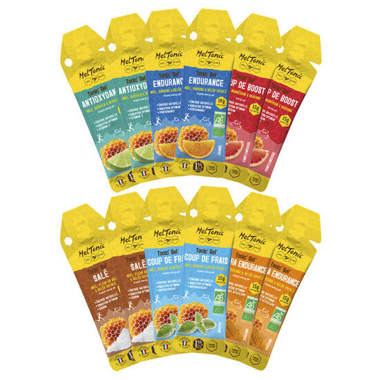Lot de 12 gels énergétiques au miel bio assortis – Meltonic