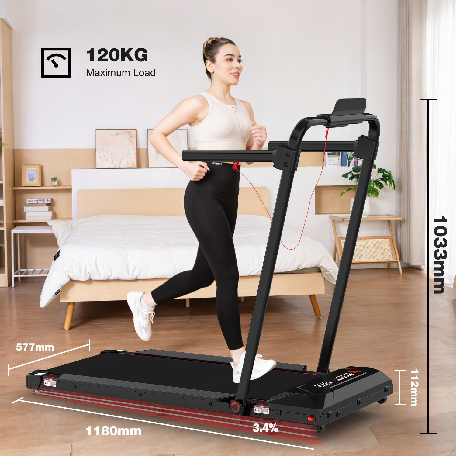 Folding and Incline Treadmill (3.4% incline), 1400W, ZX6S, 8 km/h 3/6